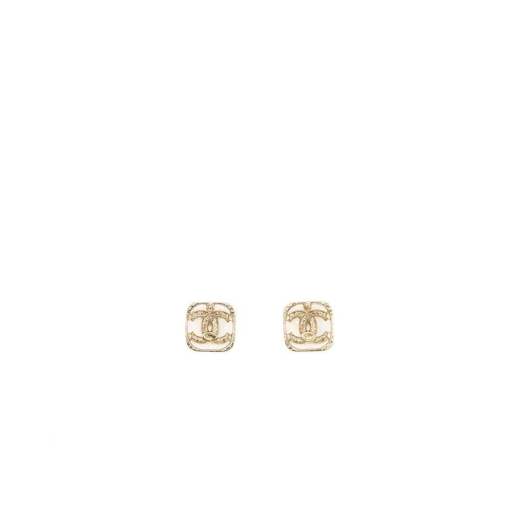 CHANEL SQUARE CC LOGO EARRINGS CRYSTAL LIGHT GOLD TONE