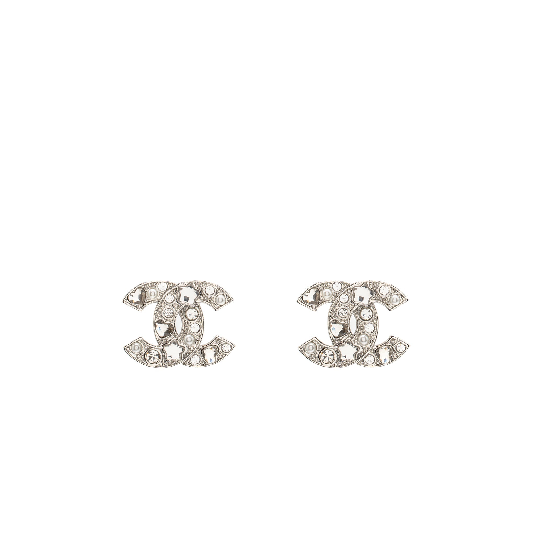 CHANEL CC LOGO STAR CRYSTAL/PEARL EARRINGS SILVER TONE