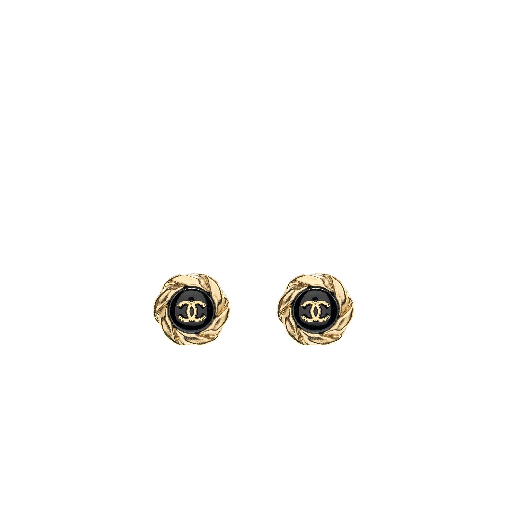 CHANEL CC LOGO WITH ROUND FLOWER EARRINGS BLACK/GOLD TONE