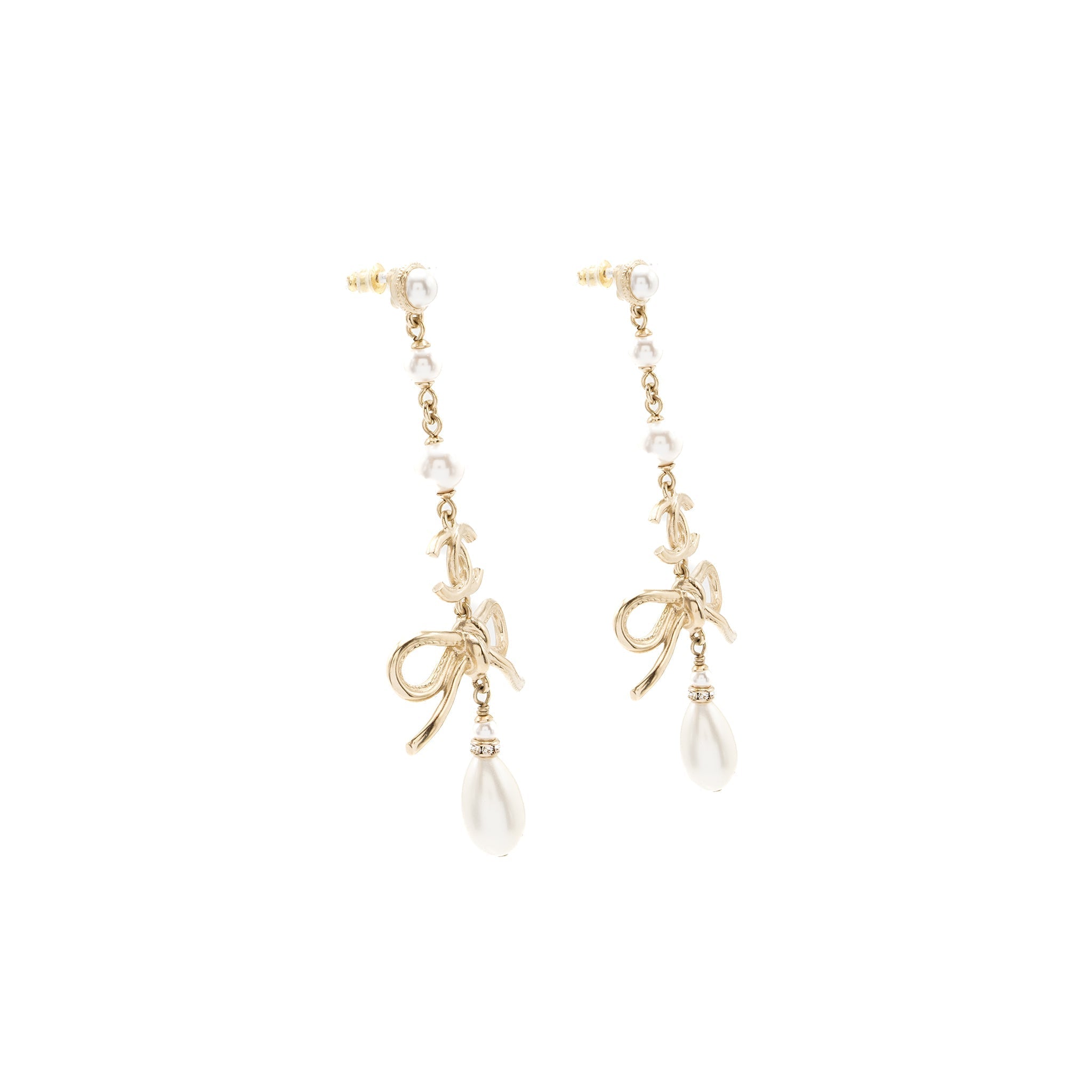 CHANEL PEARL / CC LOGO / BOW TIE DROP EARRINGS GOLD TONE