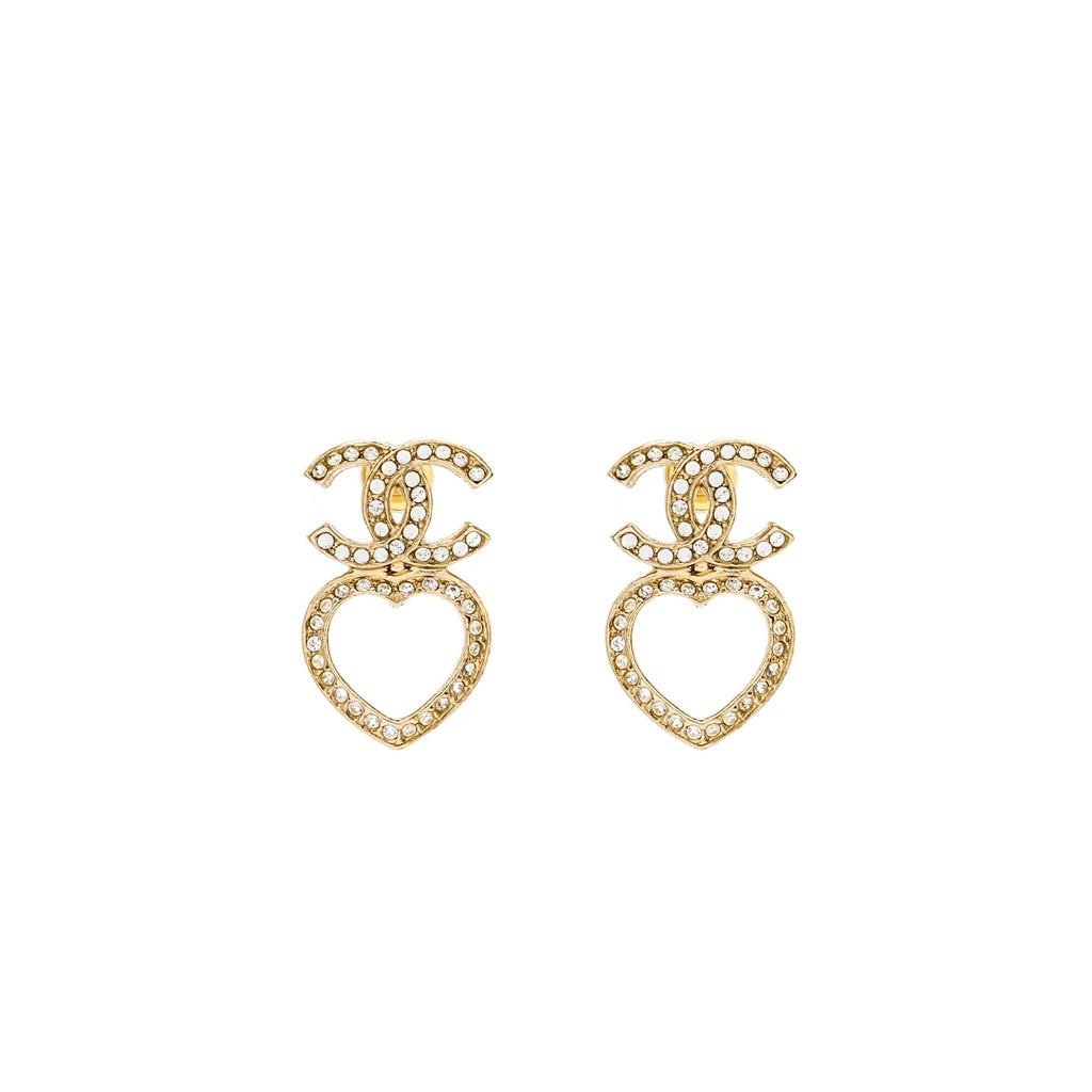 CHANEL CC HEART EARRINGS CRYSTAL LIGHT GOLD TONE