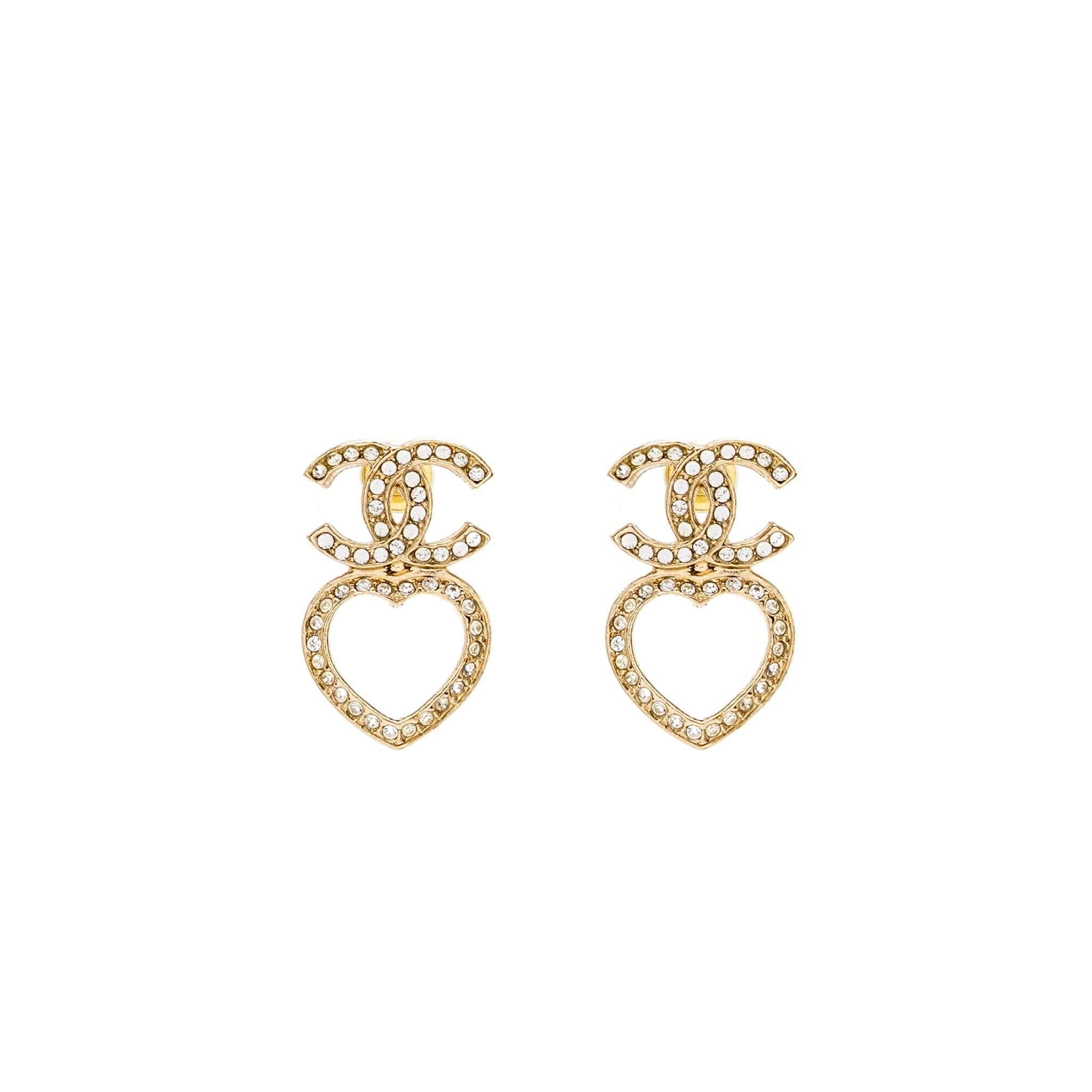 CHANEL CC HEART EARRINGS CRYSTAL LIGHT GOLD TONE