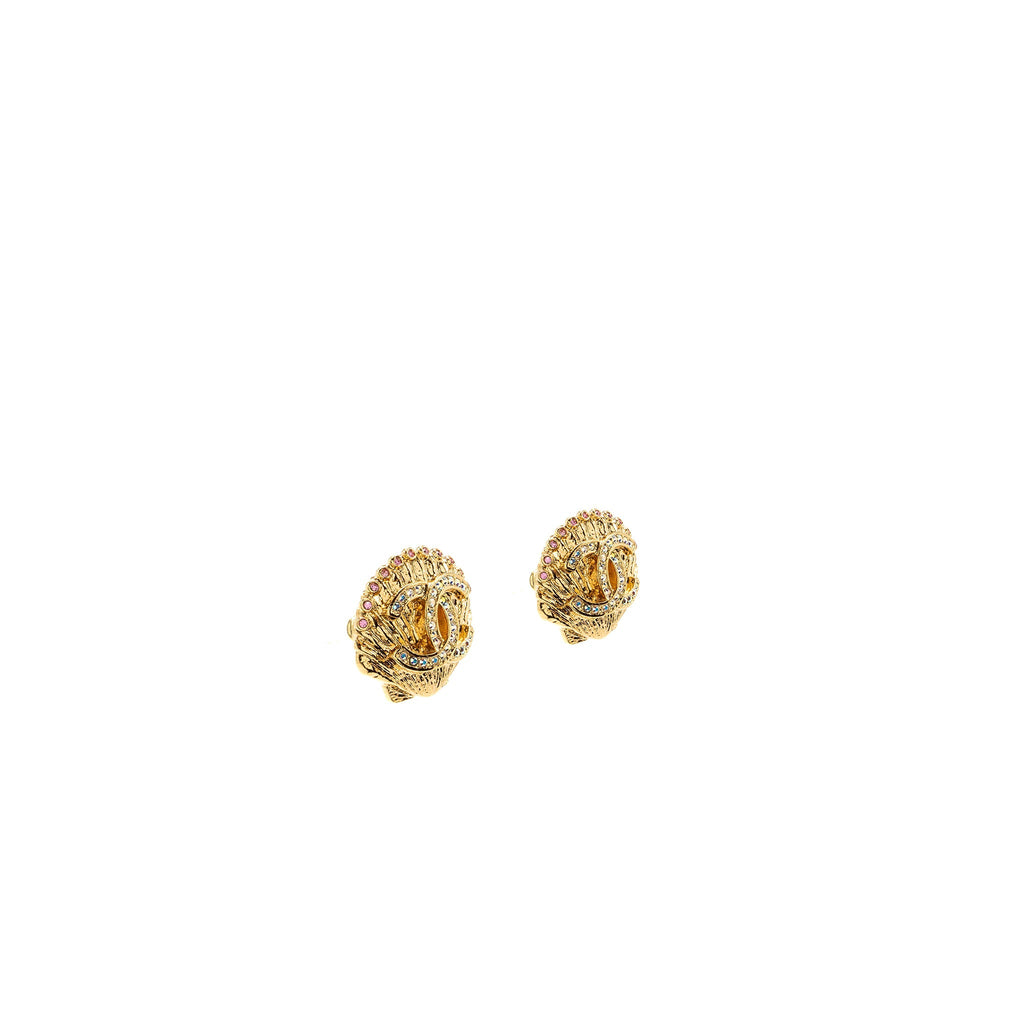 CHANEL CC LOGO SHELL EARRINGS MULTICOLOUR CRYSTAL GOLD TONE