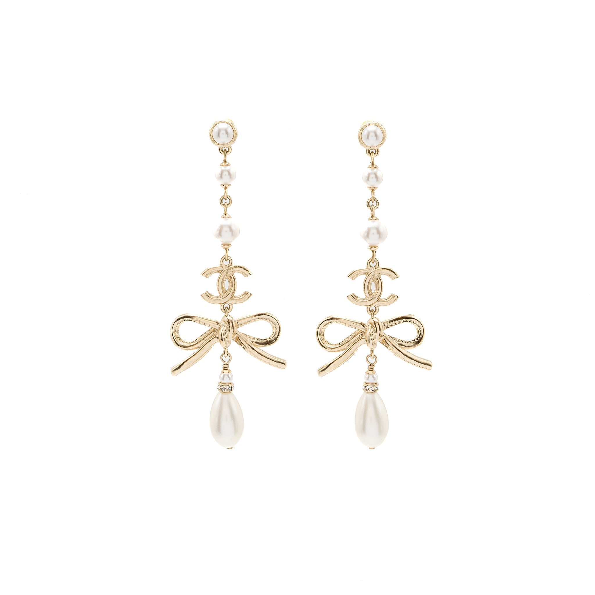 CHANEL PEARL / CC LOGO / BOW TIE DROP EARRINGS GOLD TONE