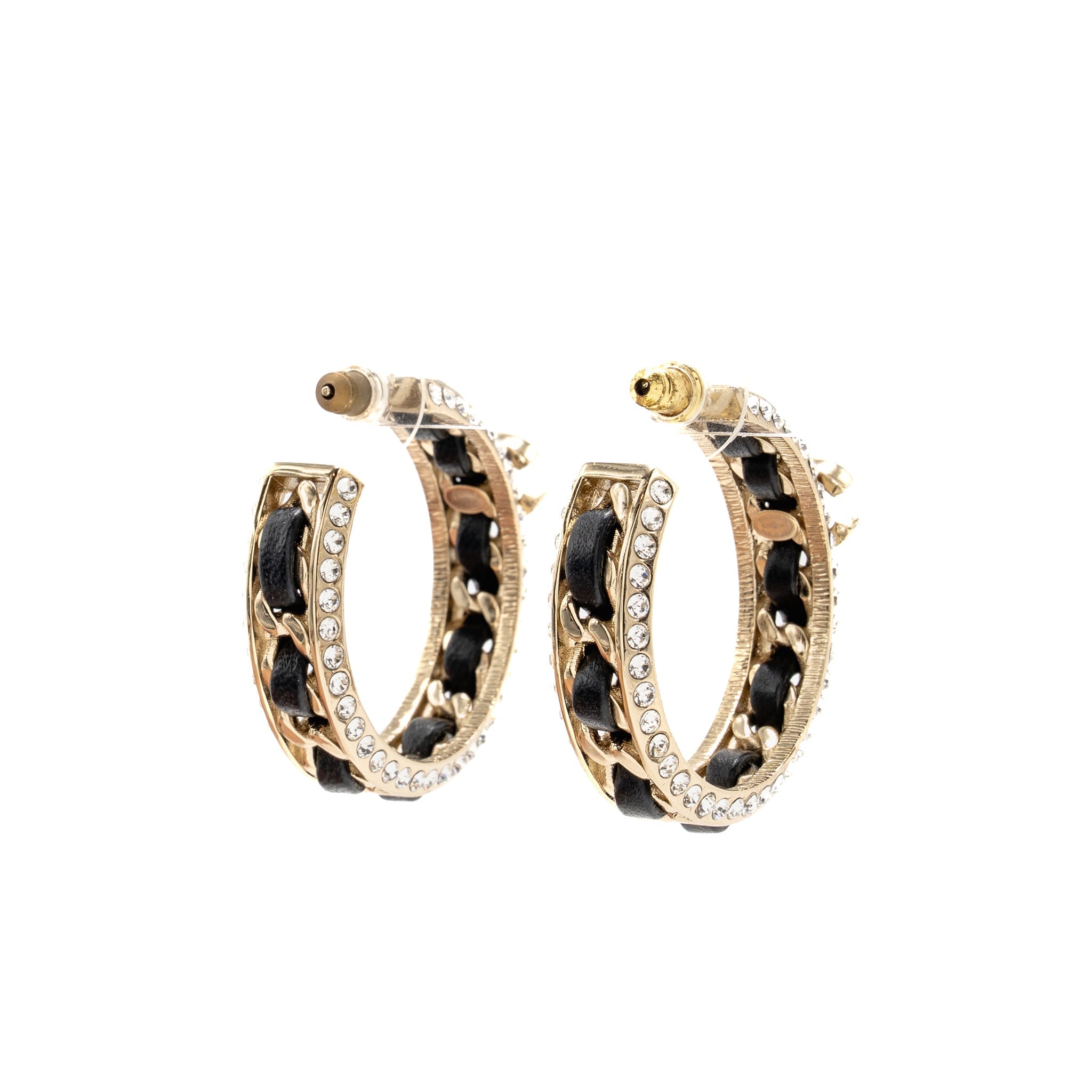 CHANEL CC LOGO CRYSTAL LEATHER-WOVEN EARRINGS LGHW