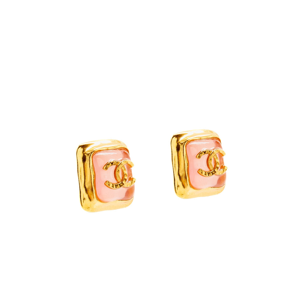 CHANEL PINK RESIN SQUARE CC EARRINGS GOLD TONE