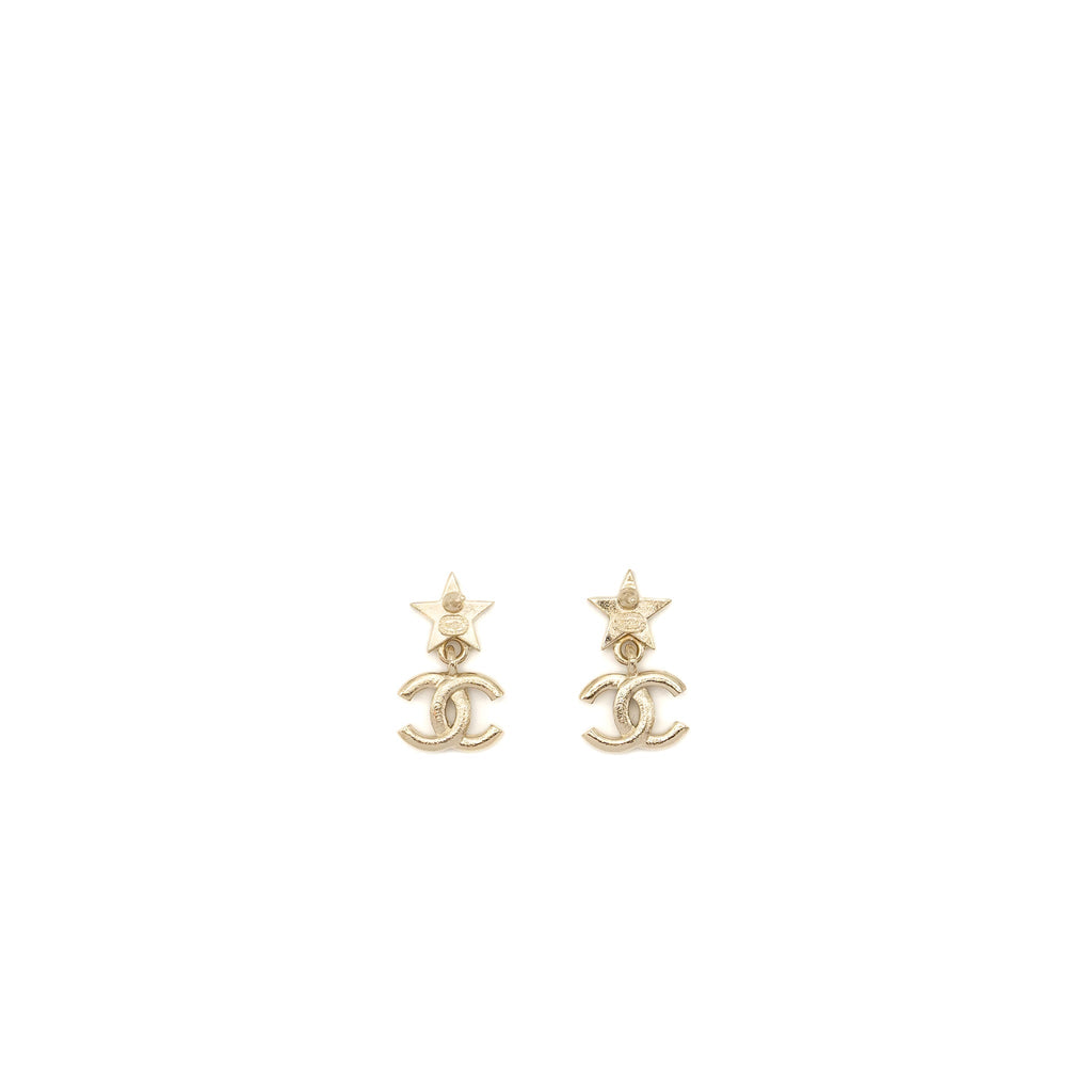 CHANEL CRYSTAL STAR EARRINGS WITH CC LOGO DROP LIGHT GOLD TONE