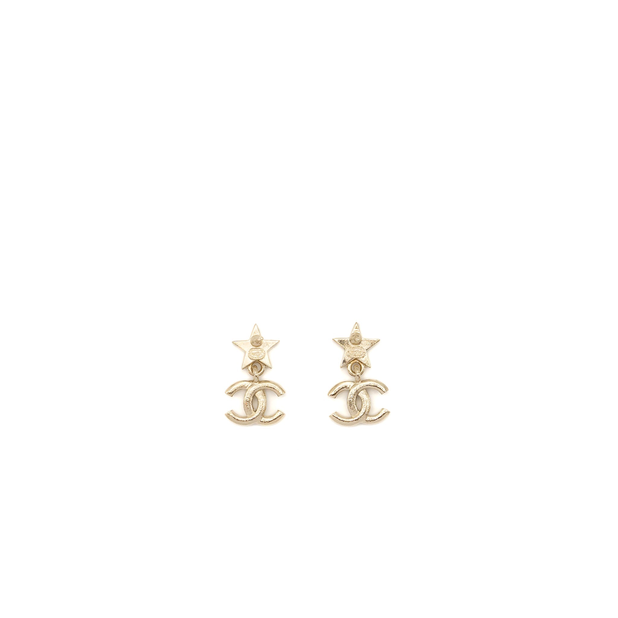 CHANEL CRYSTAL STAR EARRINGS WITH CC LOGO DROP LIGHT GOLD TONE