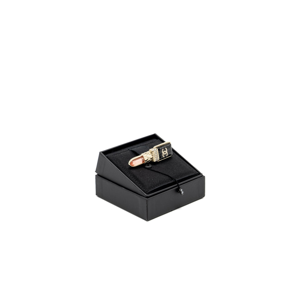 CHANEL 22P LIPSTICK BROOCH CRYSTAL LIGHT GOLD TONE