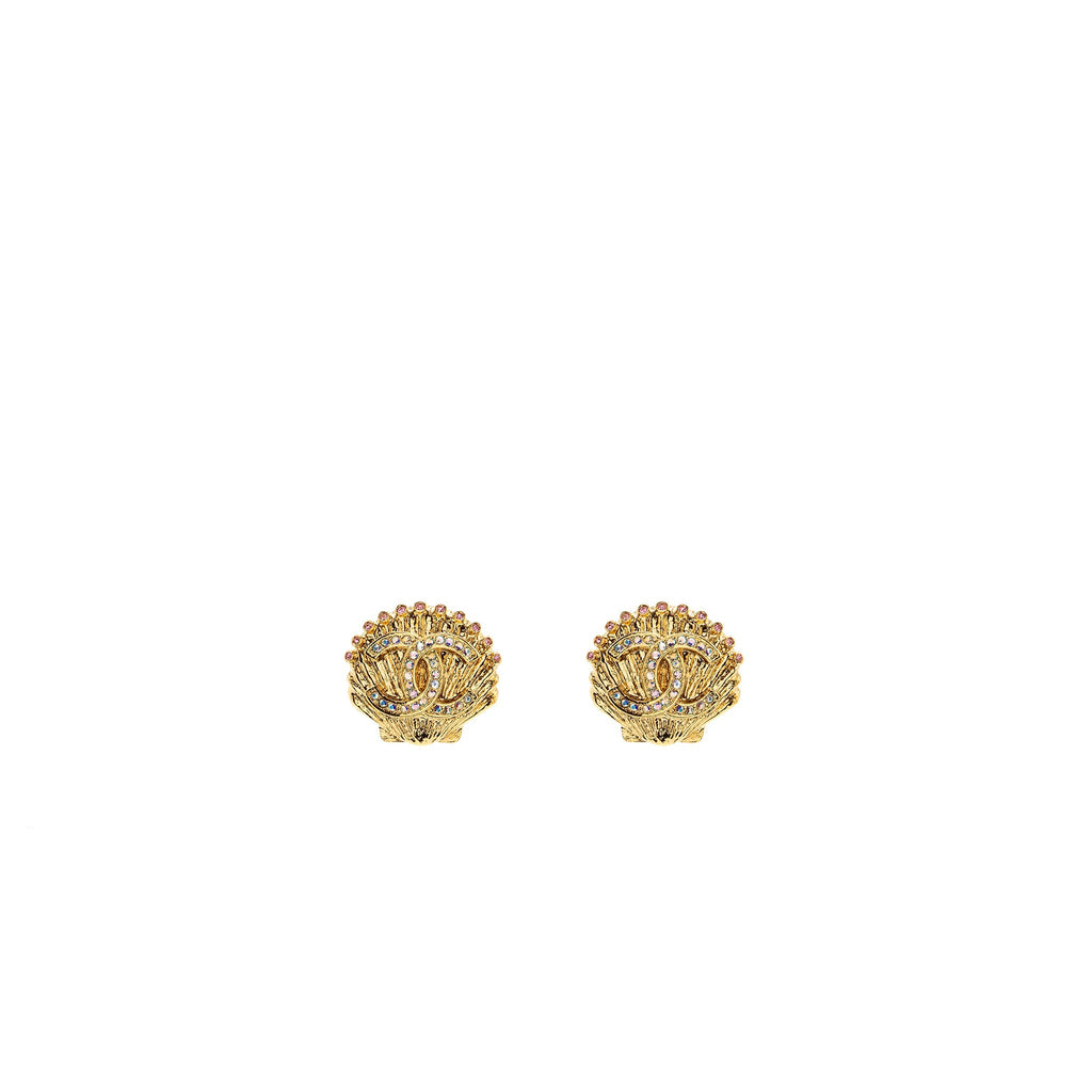 CHANEL CC LOGO SHELL EARRINGS MULTICOLOUR CRYSTAL GOLD TONE