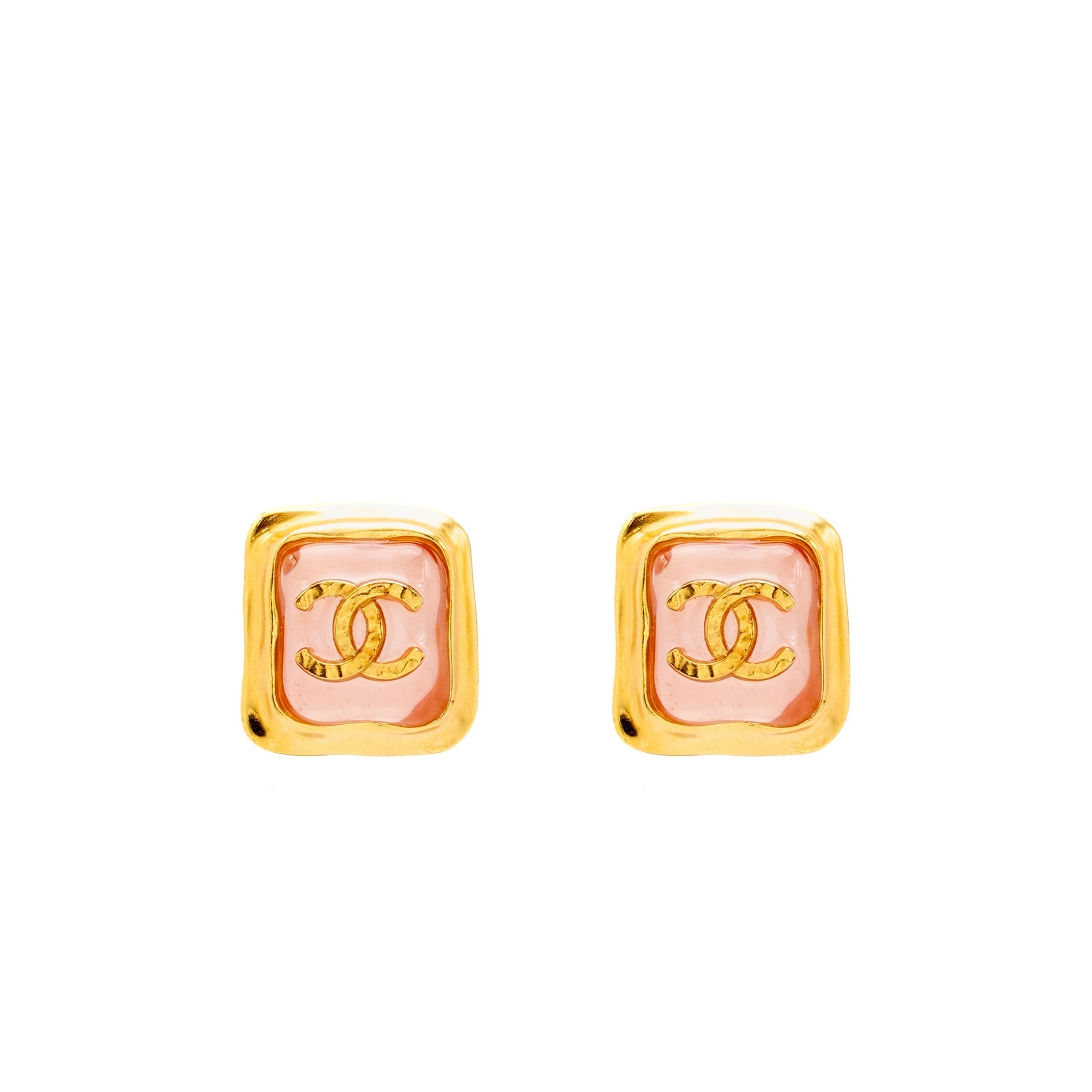 CHANEL PINK RESIN SQUARE CC EARRINGS GOLD TONE