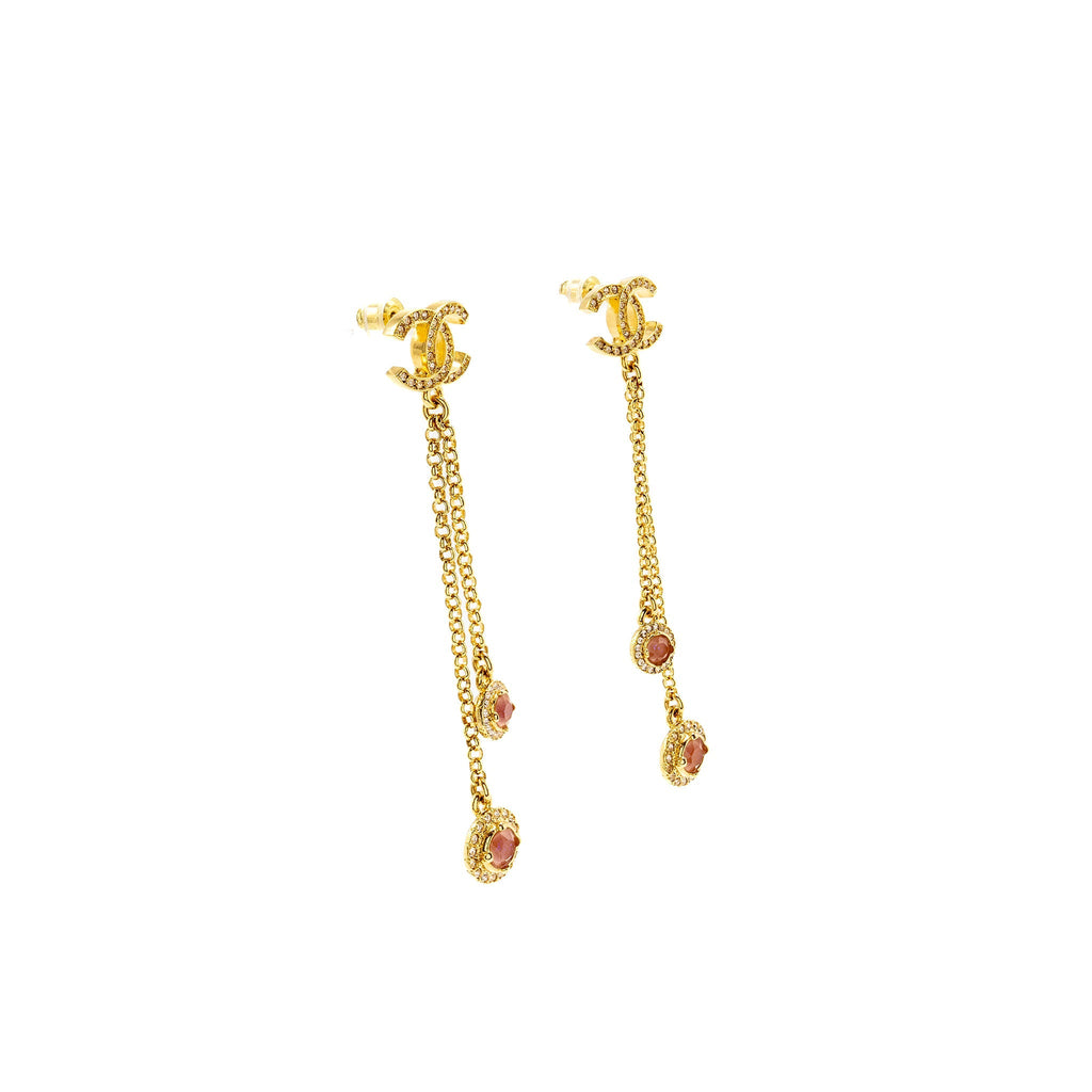 CHANEL DROPPED EARRINGS CC LOGO CRYSTAL GOLD TONE