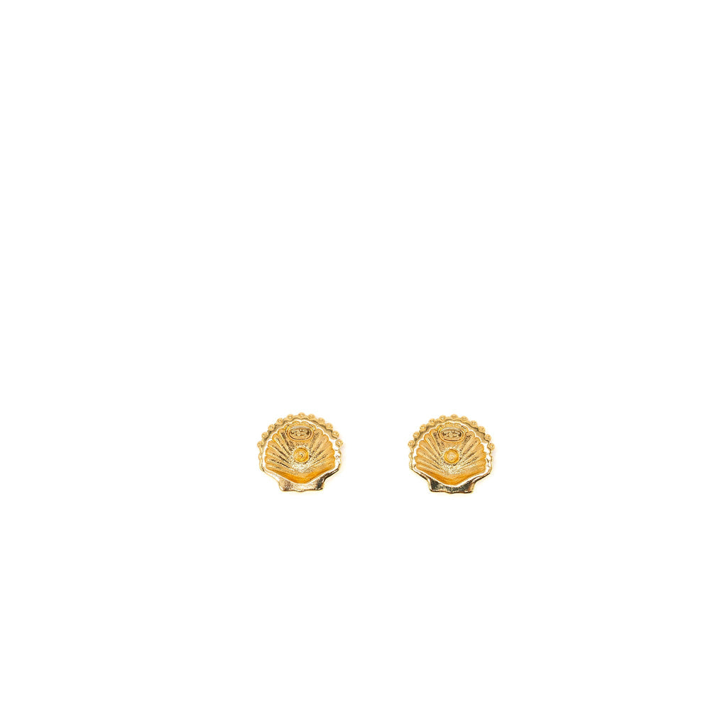 CHANEL SHELL CC LOGO EARRINGS CRYSTAL GOLD TONE