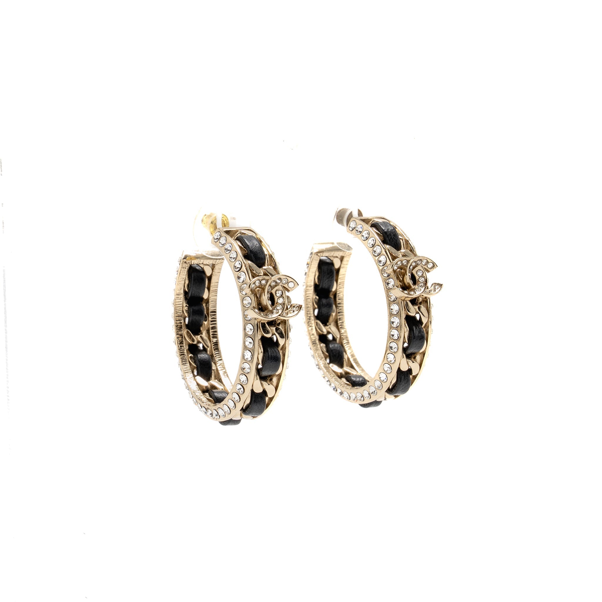 CHANEL CC LOGO CRYSTAL LEATHER-WOVEN EARRINGS LGHW