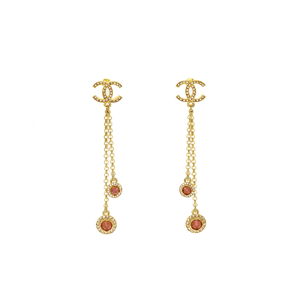 CHANEL DROPPED EARRINGS CC LOGO CRYSTAL GOLD TONE