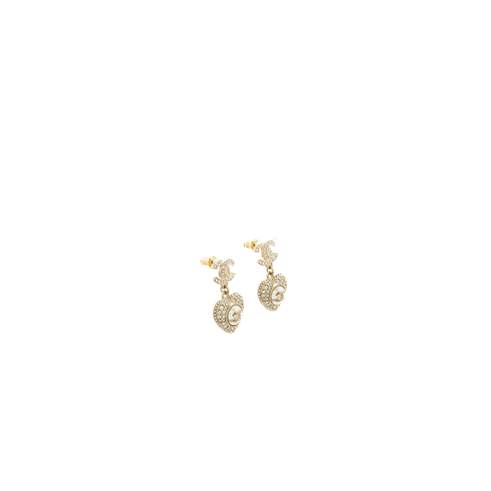 CHANEL HEART DROPPED CC LOGO EARRING CRYSTAL LIGHT GOLD TONE