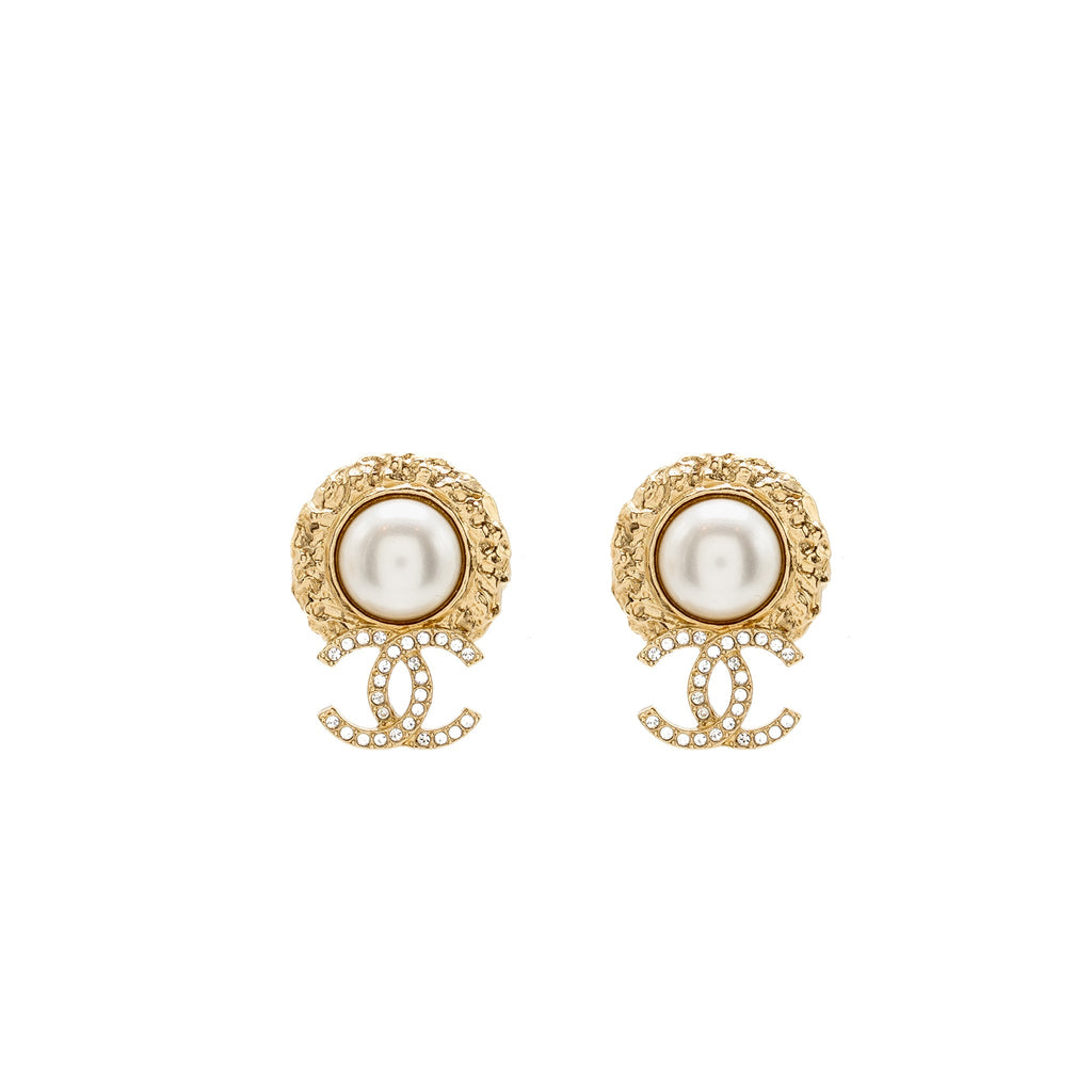 CHANEL ROUND PEARL CRYSTAL CC EARRINGS GOLD TONE