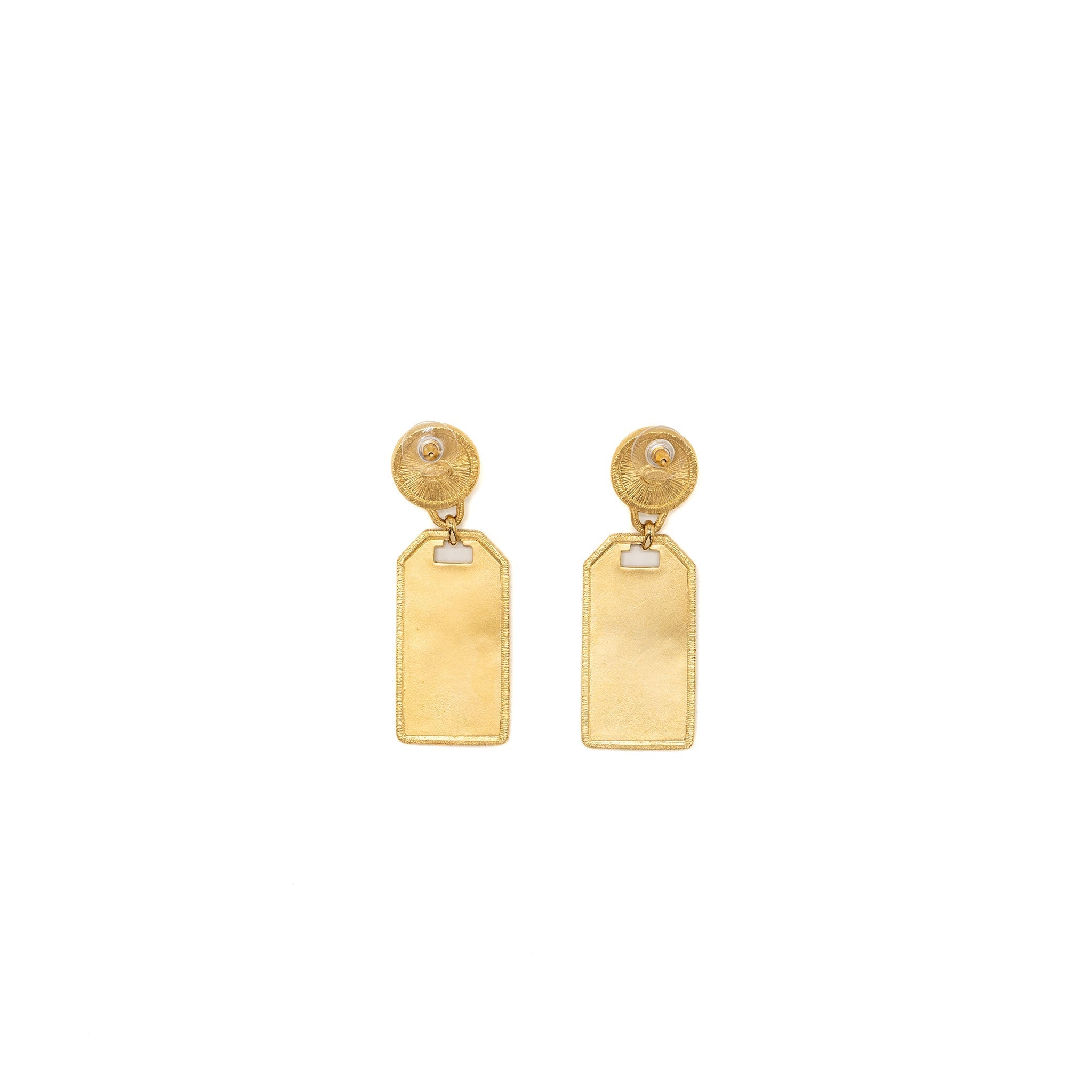 CHANEL PEARL EARRINGS WITH SIGNATURE TAG DROP GOLD TONE