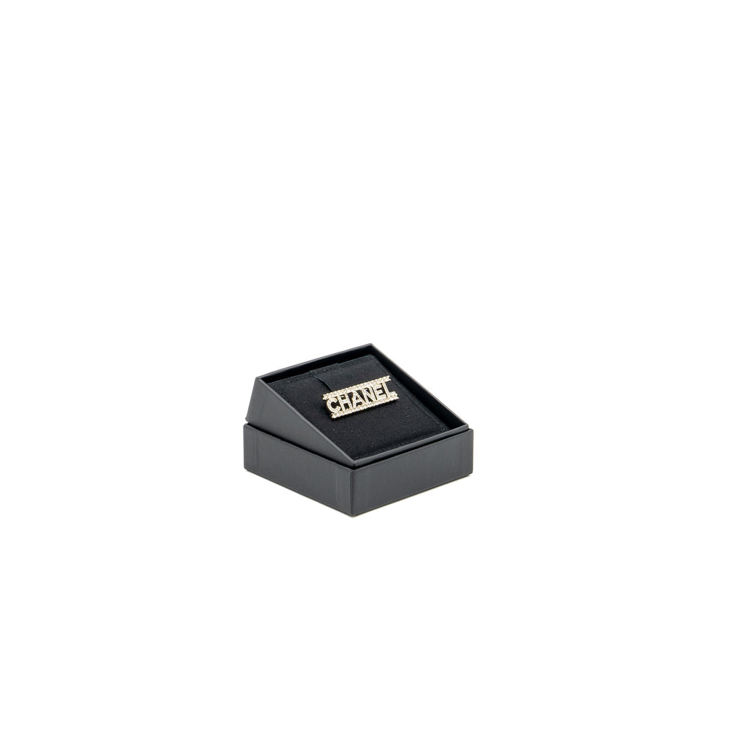 CHANEL LETTER LOGO BROOCH CRYSTAL SILVER TONE