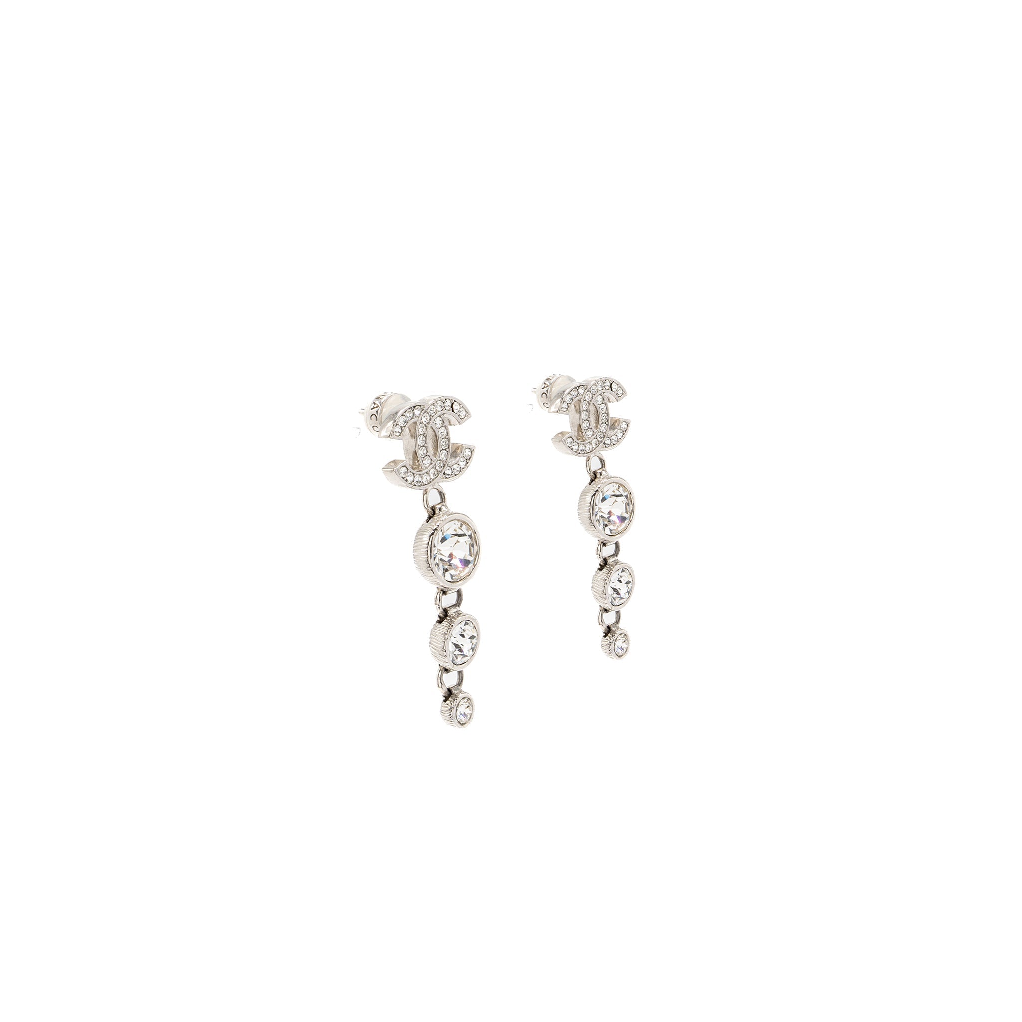 CHANEL CC LOGO CRYSTAL DROP EARRING SILVER TONE