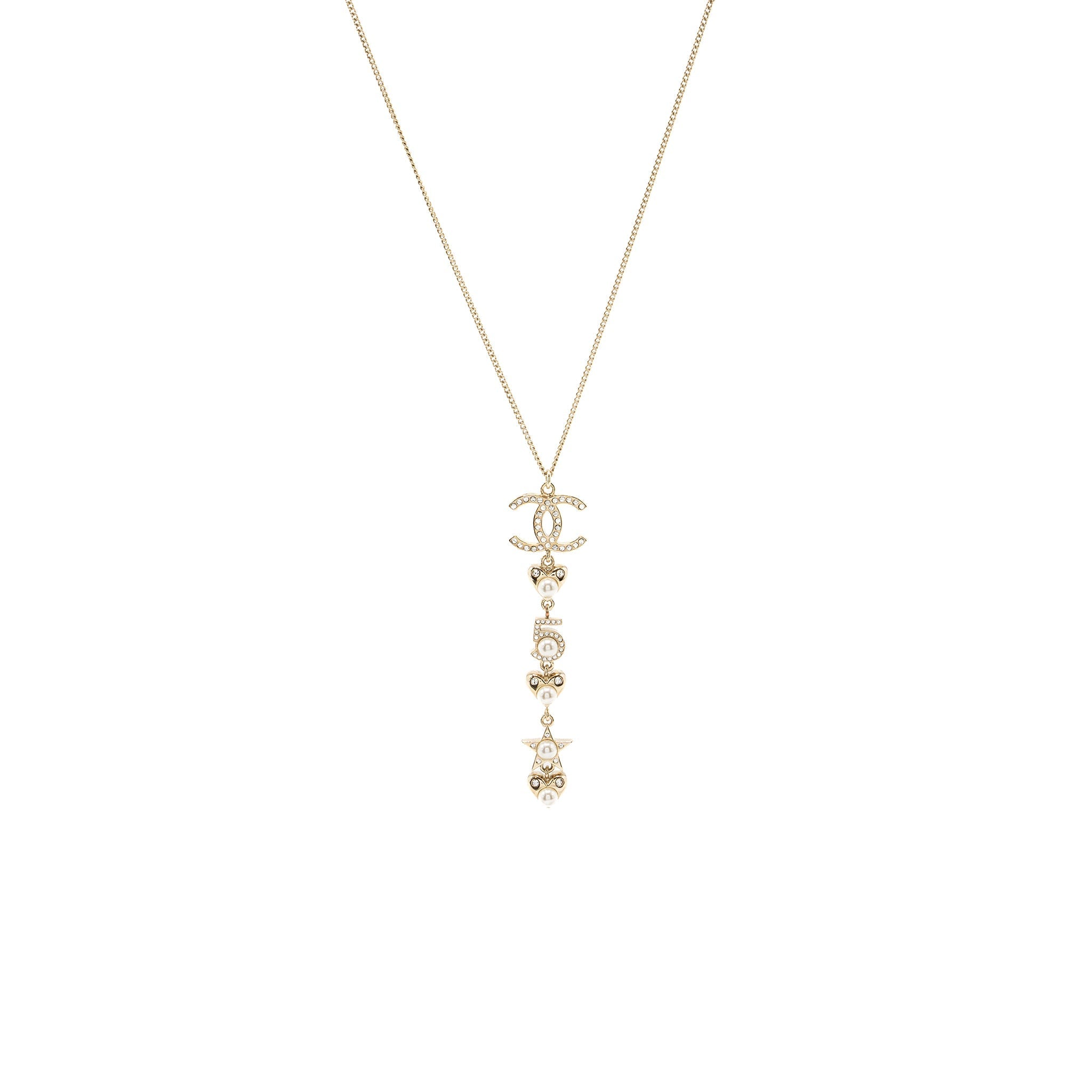CHANEL CC LOGO WITH PEARL / NO 5/ STAR DROP NECKLACE CRYSTAL GOLD TONE
