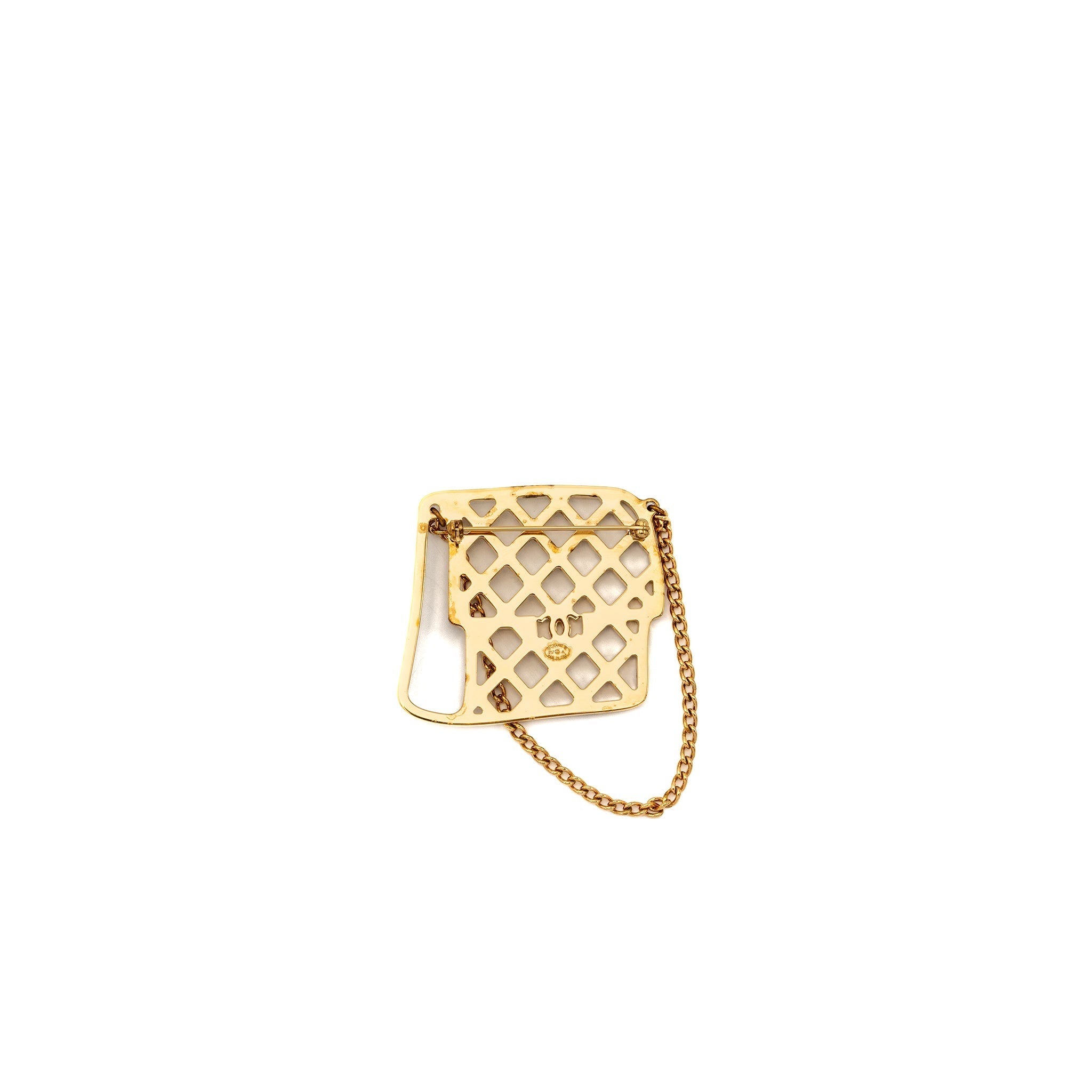 CHANEL FLAP BAG BROOCH WITH BLACK CRYSTAL GOLD TONE