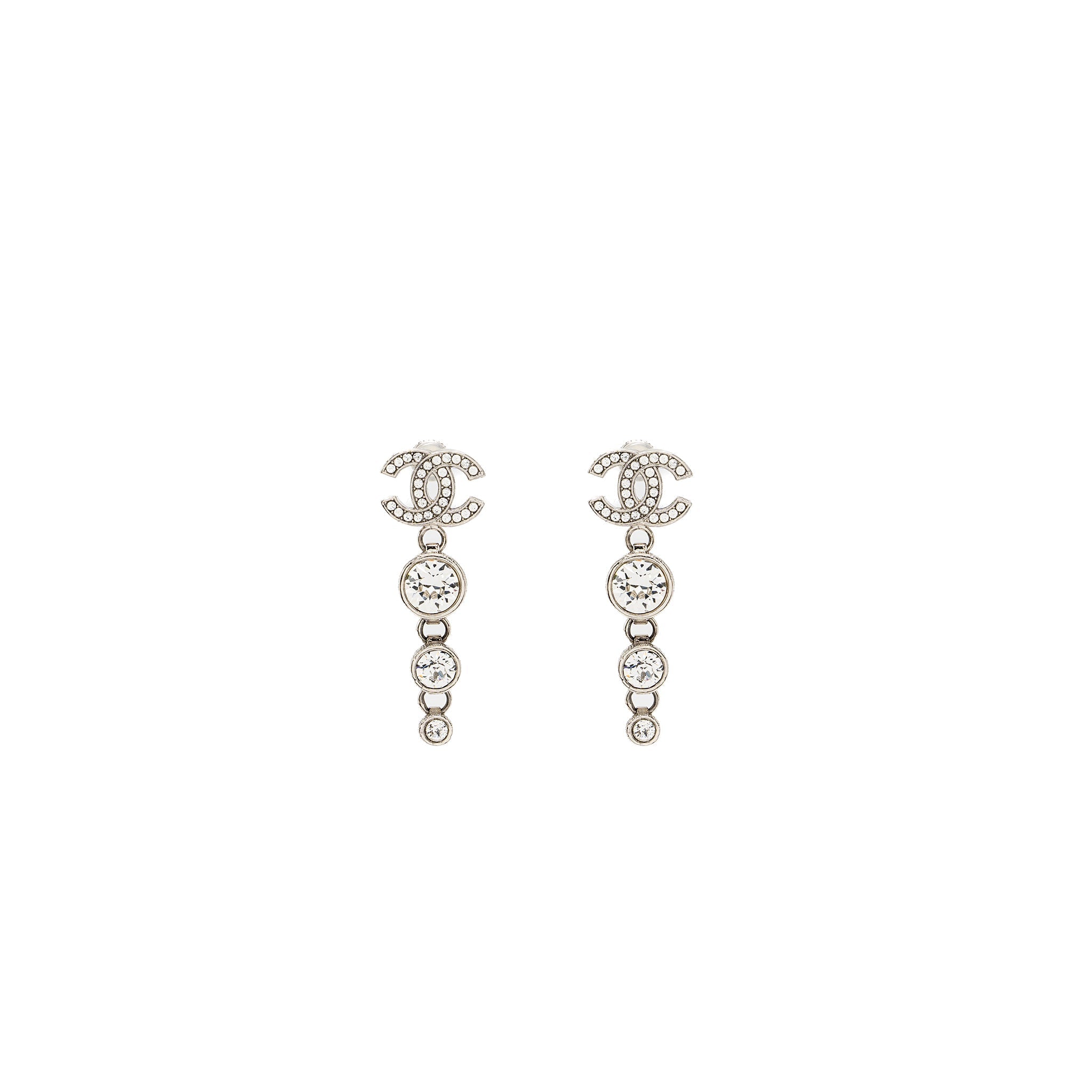 CHANEL CC LOGO CRYSTAL DROP EARRING SILVER TONE