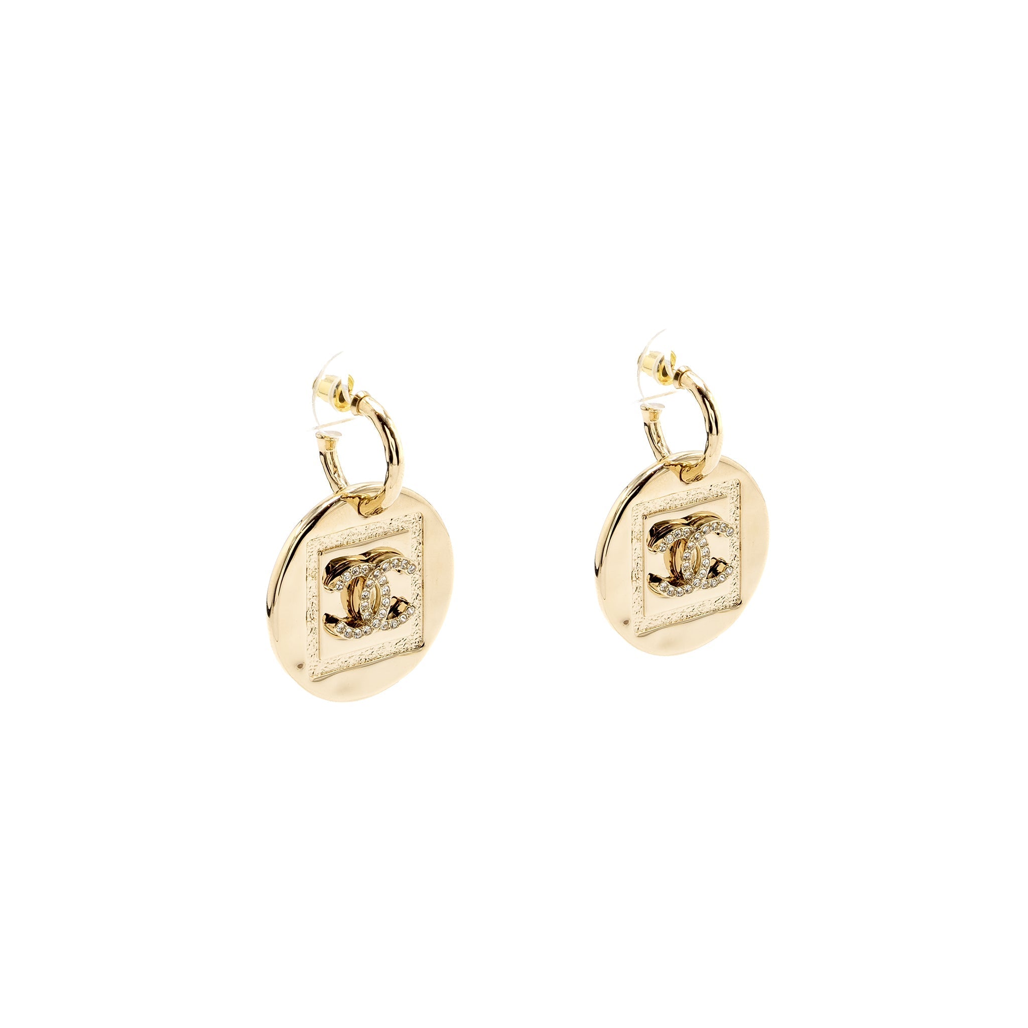 CHANEL GIANT ROUND AND CC LOGO DROP EARRINGS LIGHT GOLD TONE