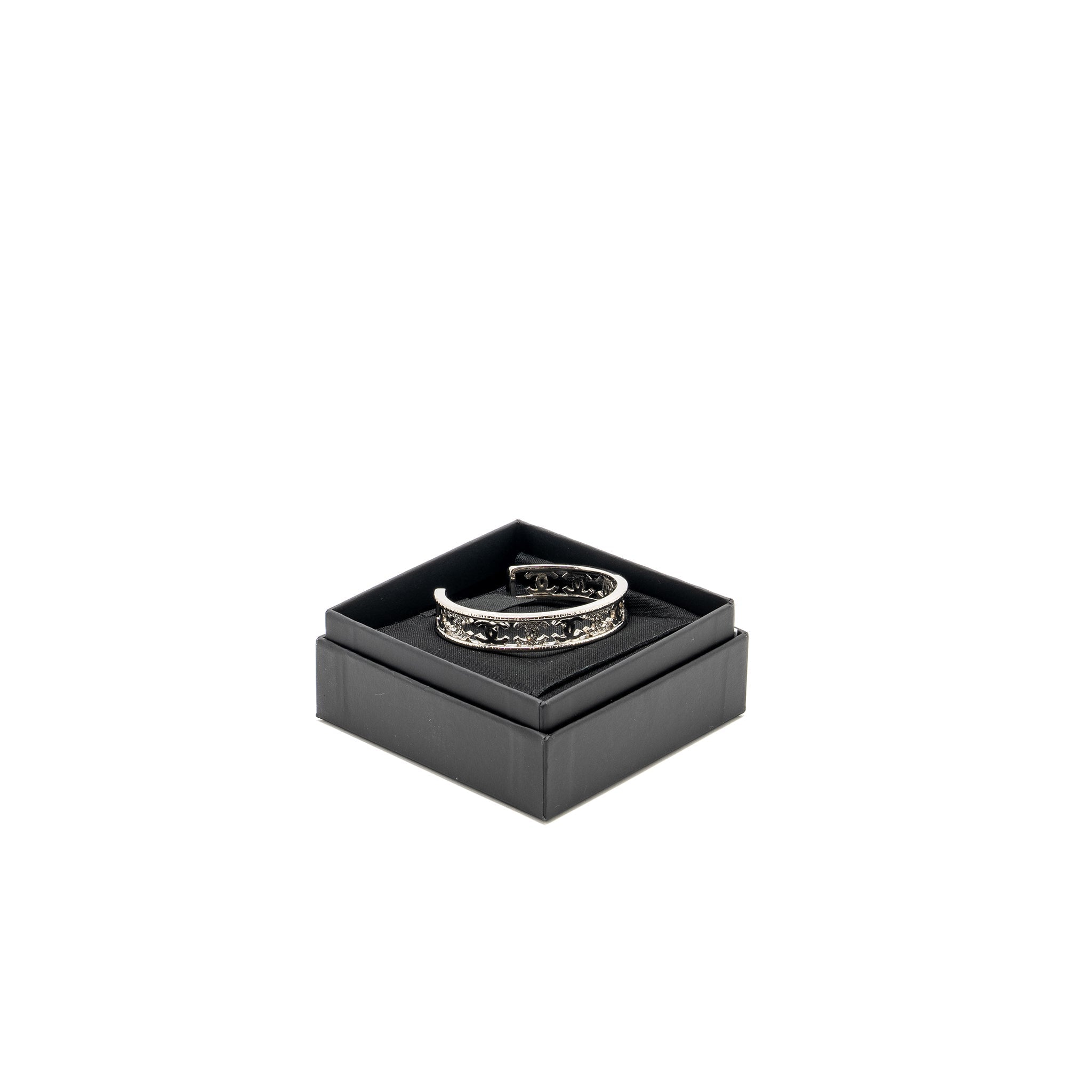 CHANEL CC LOGO CUFF BRACELET CRYSTAL SILVER TONE