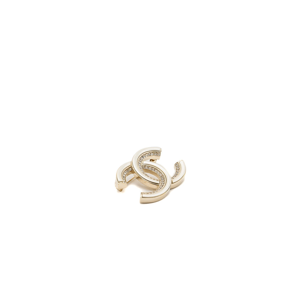 CHANEL CC LOGO BROOCH WITH CRYSTAL IVORY / SILVER TONE