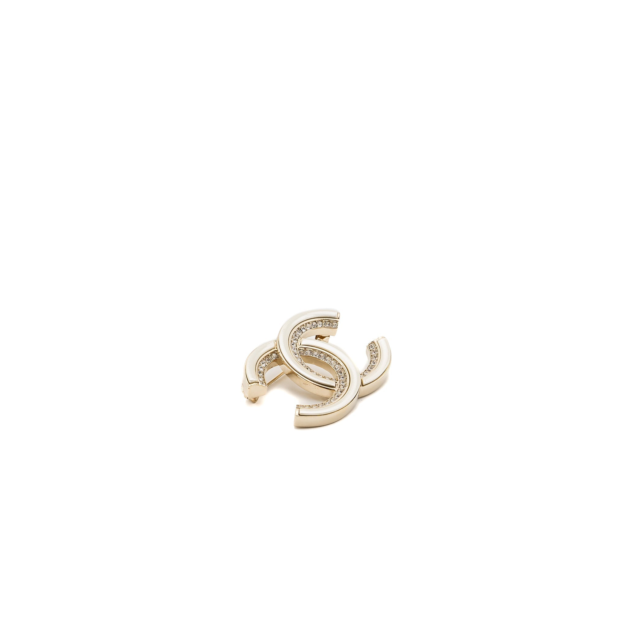 CHANEL CC LOGO BROOCH WITH CRYSTAL IVORY / SILVER TONE