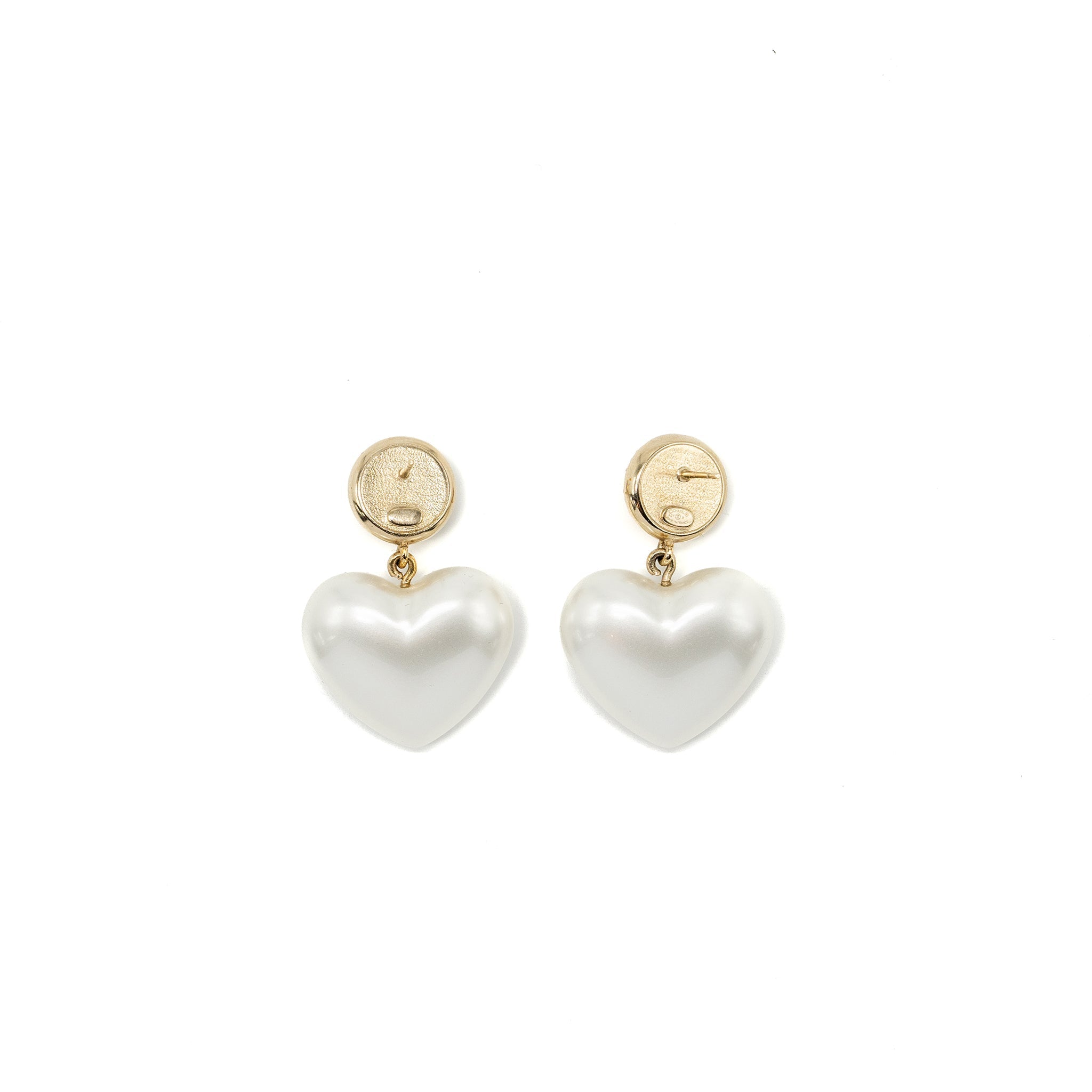 CHANEL GIANT CC LOGO HEART EARRINGS CRYSTAL/PEARL LIGHT GOLD TONE