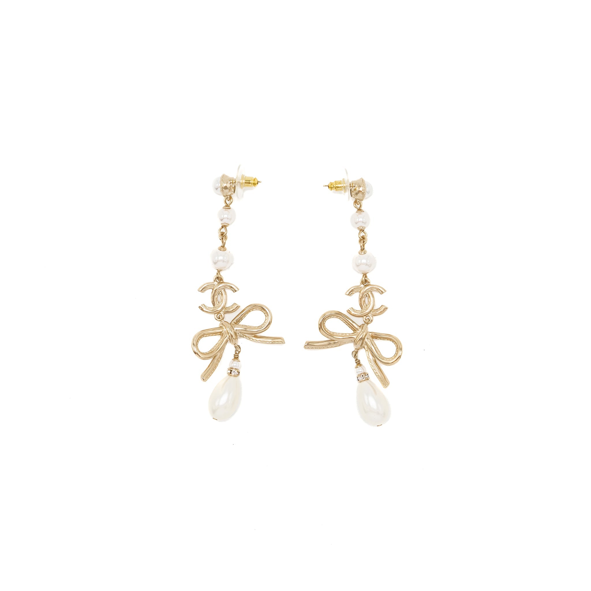 CHANEL PEARL / CC LOGO / BOW TIE DROP EARRINGS GOLD TONE