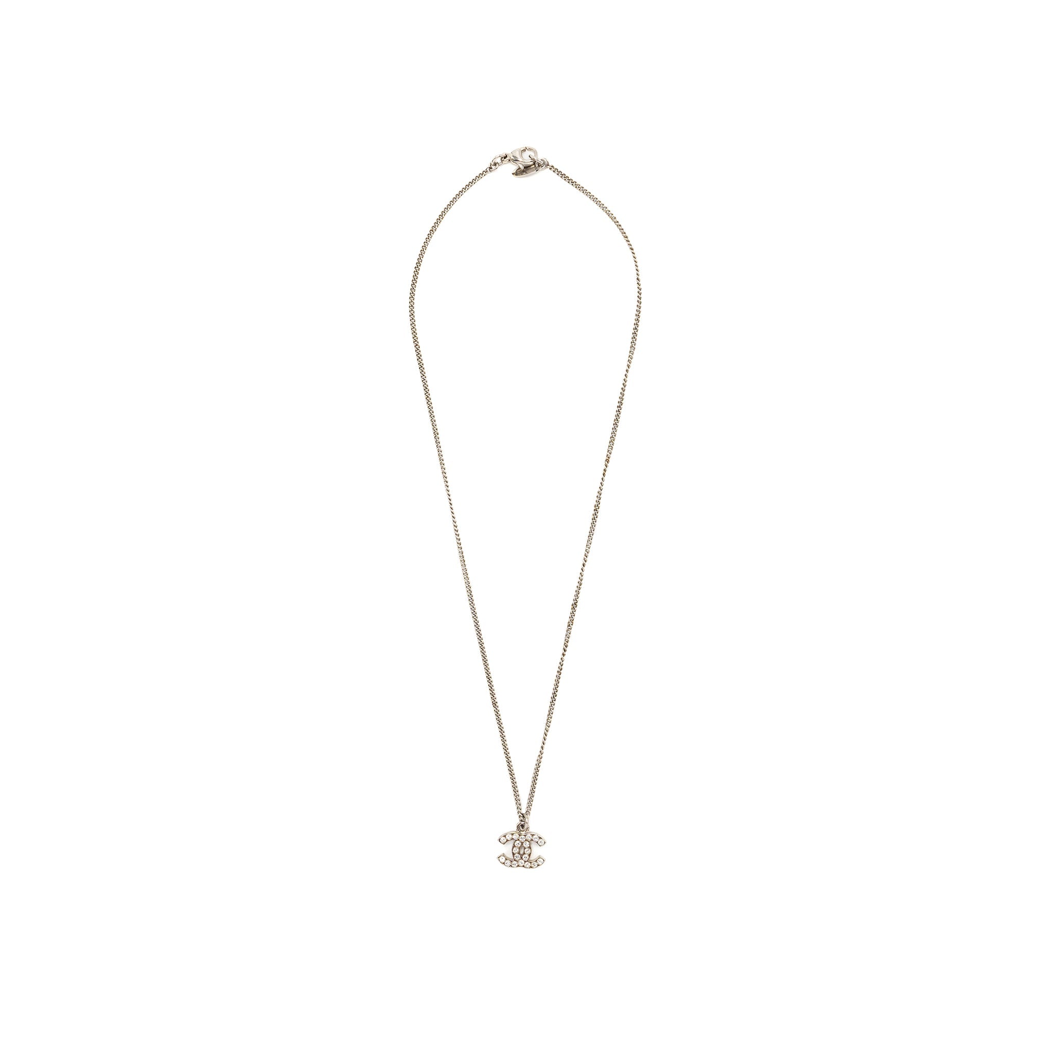 CHANEL SMALL MODEL CC LOGO CRYSTAL NECKLACE SILVER TONE