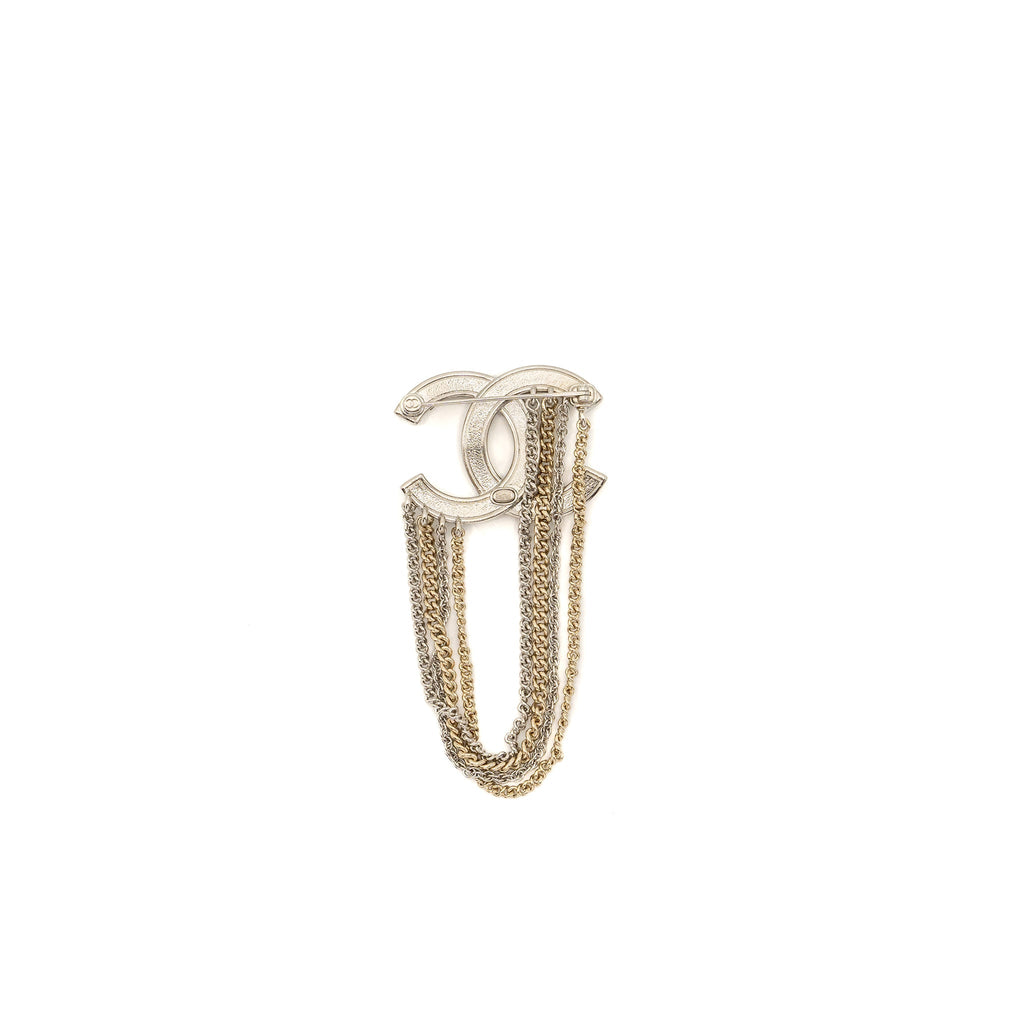 CHANEL CHAINS DROP CC LOGO BROOCH CRYSTAL SILVER/LIGHT GOLD TONE