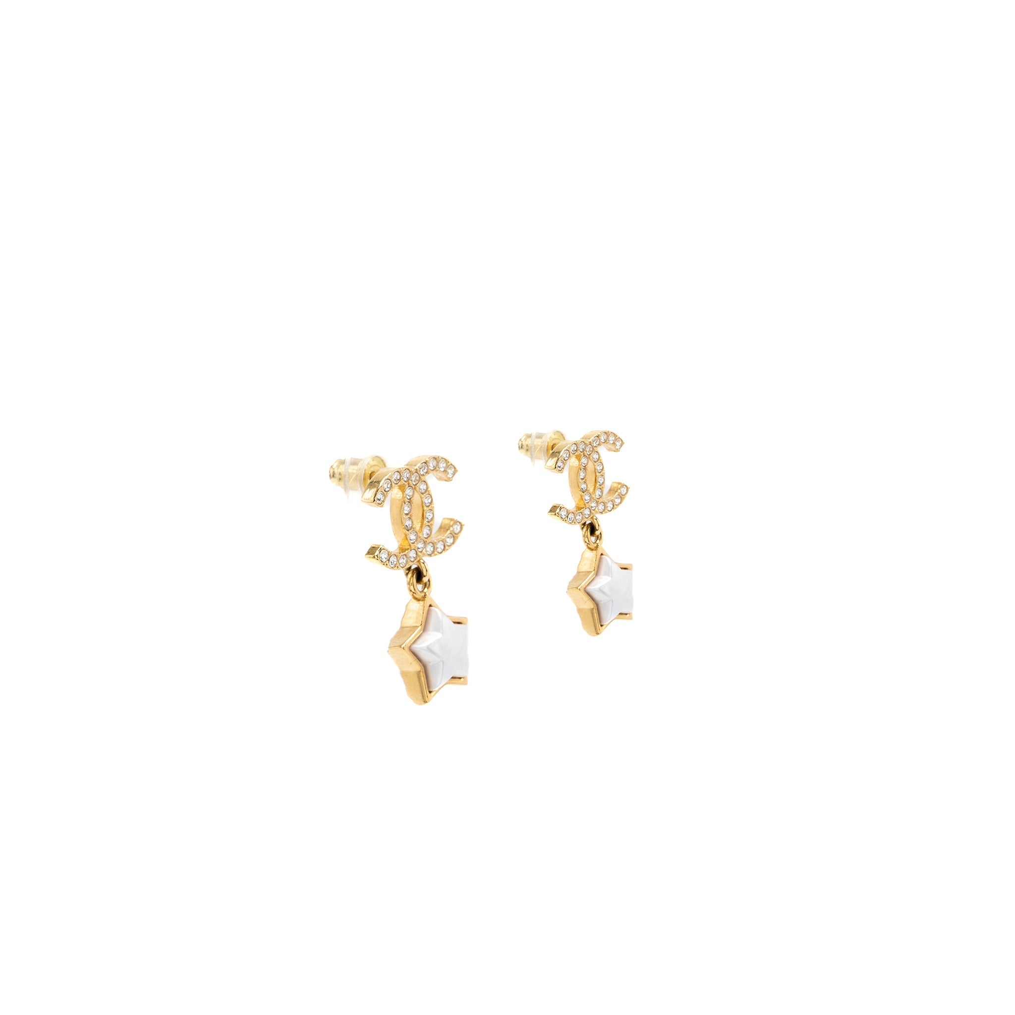 CHANEL CC LOGO STAR DROPPED EARRINGS PEARL/CRYSTAL/GOLD TONE