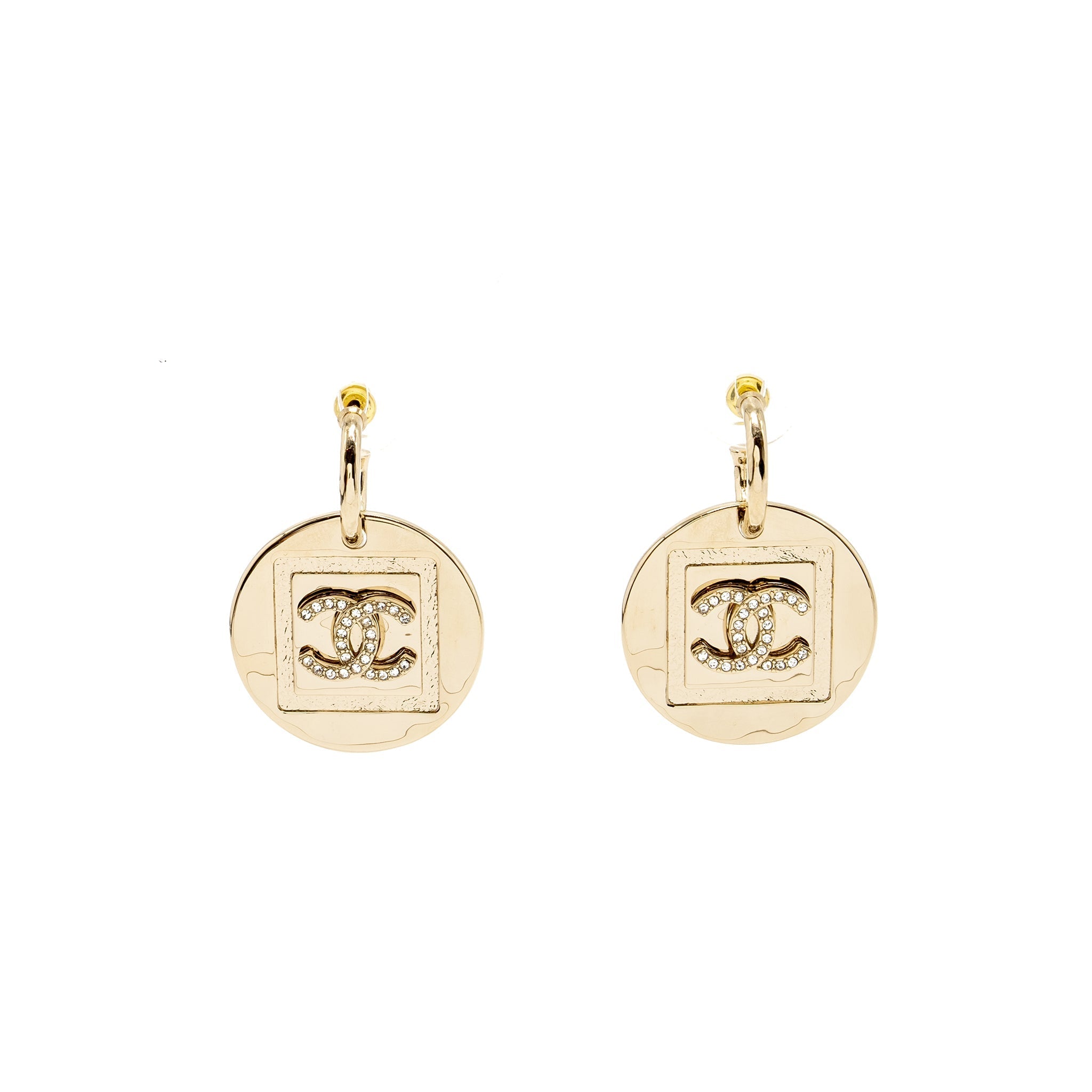 CHANEL GIANT ROUND AND CC LOGO DROP EARRINGS LIGHT GOLD TONE