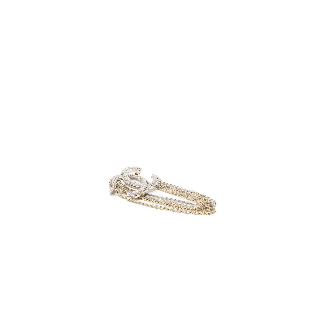 CHANEL CHAINS DROP CC LOGO BROOCH CRYSTAL SILVER/LIGHT GOLD TONE