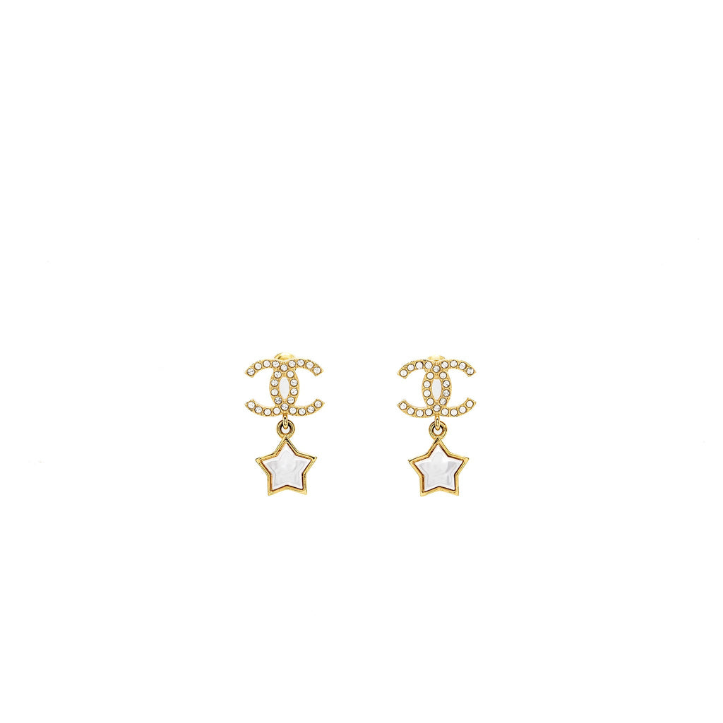 CHANEL CC LOGO STAR DROPPED EARRINGS PEARL/CRYSTAL/GOLD TONE