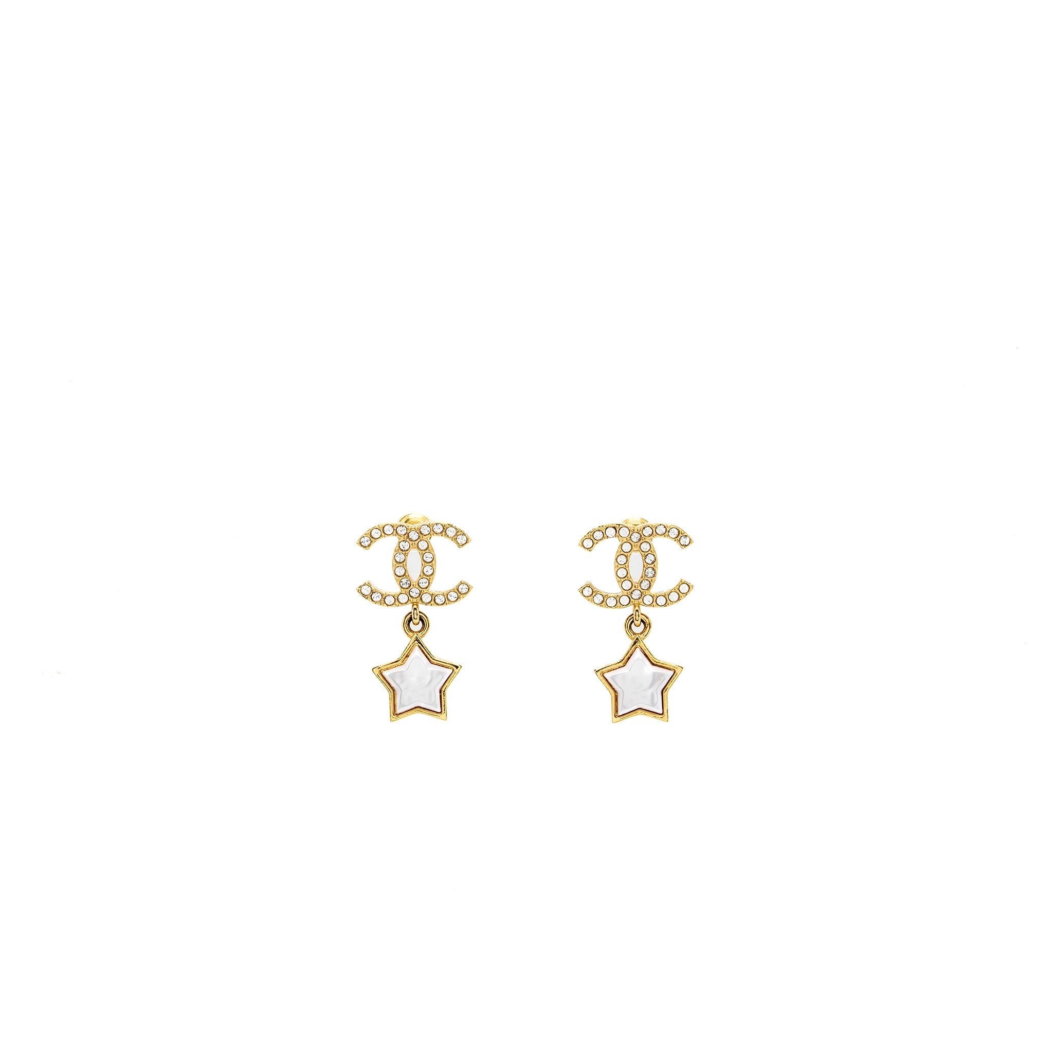 CHANEL CC LOGO STAR DROPPED EARRINGS PEARL/CRYSTAL/GOLD TONE