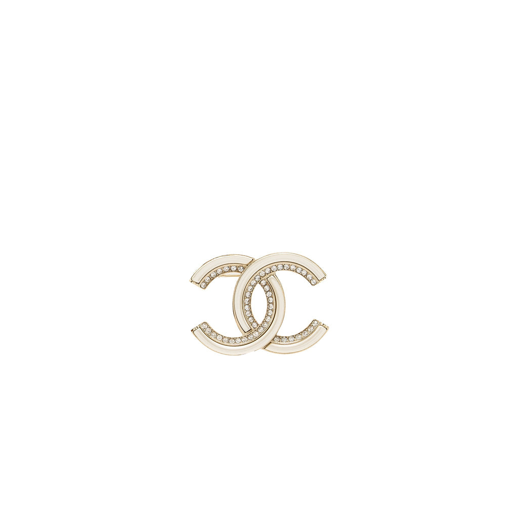 CHANEL CC LOGO BROOCH WITH CRYSTAL IVORY / SILVER TONE
