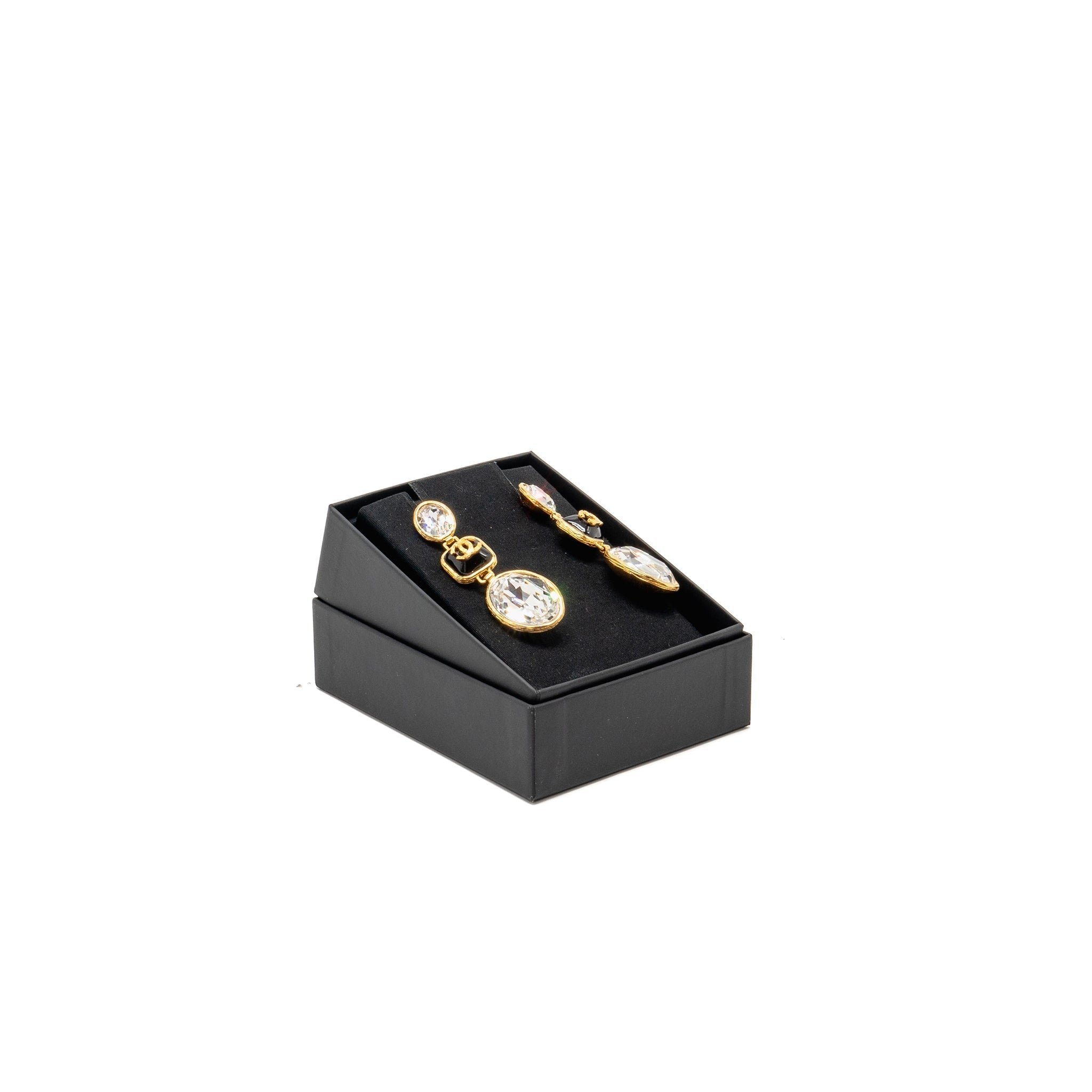 CHANEL CC CHARM AND CRYSTAL DROP EARRINGS GOLD TONE