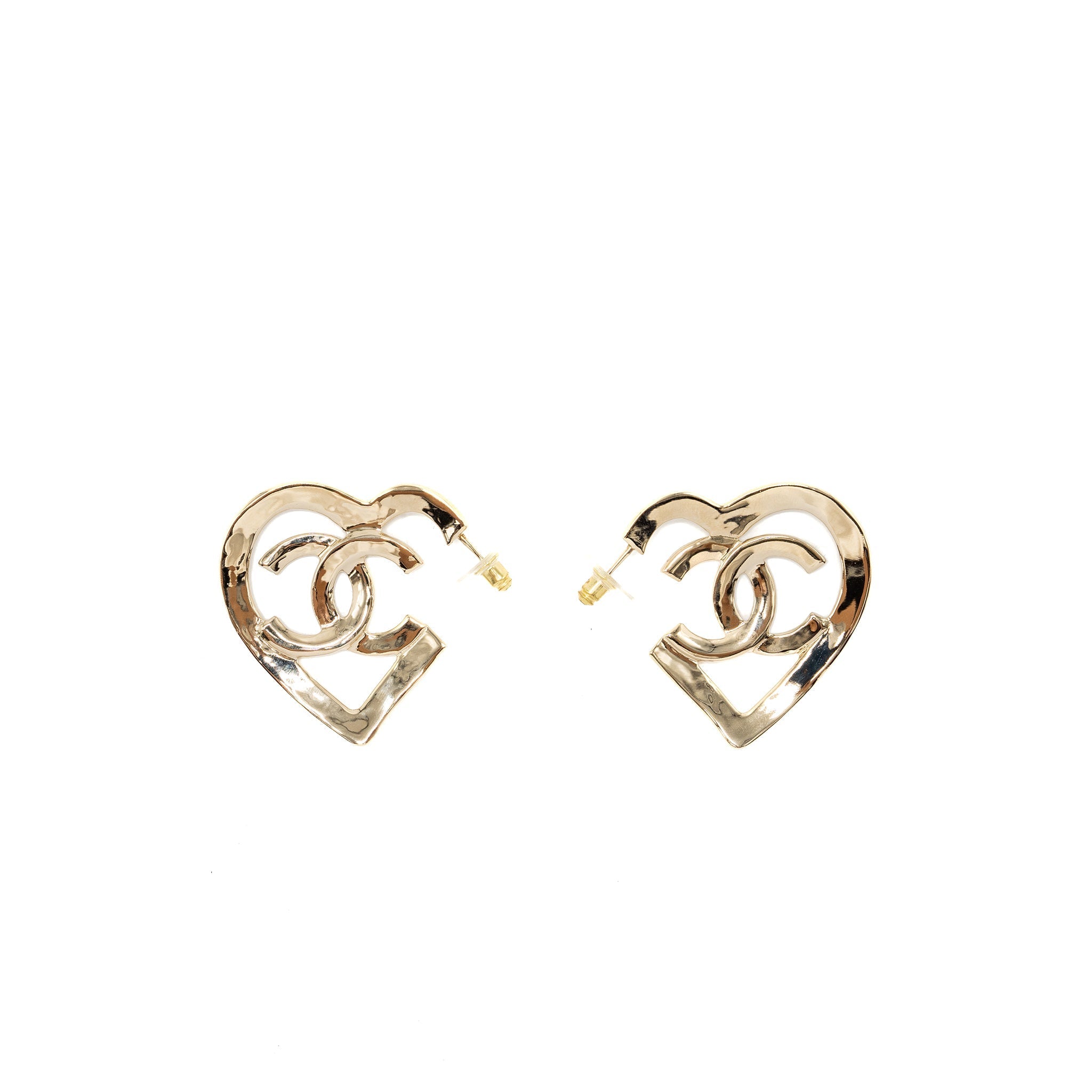 CHANEL GIANT HEART AND CC LOGO EARRINGS LIGHT GOLD TONE