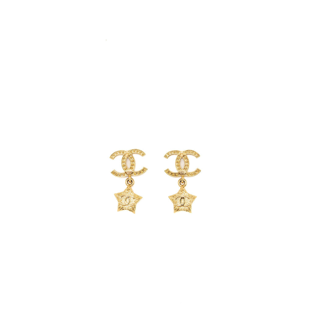 CHANEL CC LOGO STAR DROPPED EARRINGS PEARL/CRYSTAL/GOLD TONE