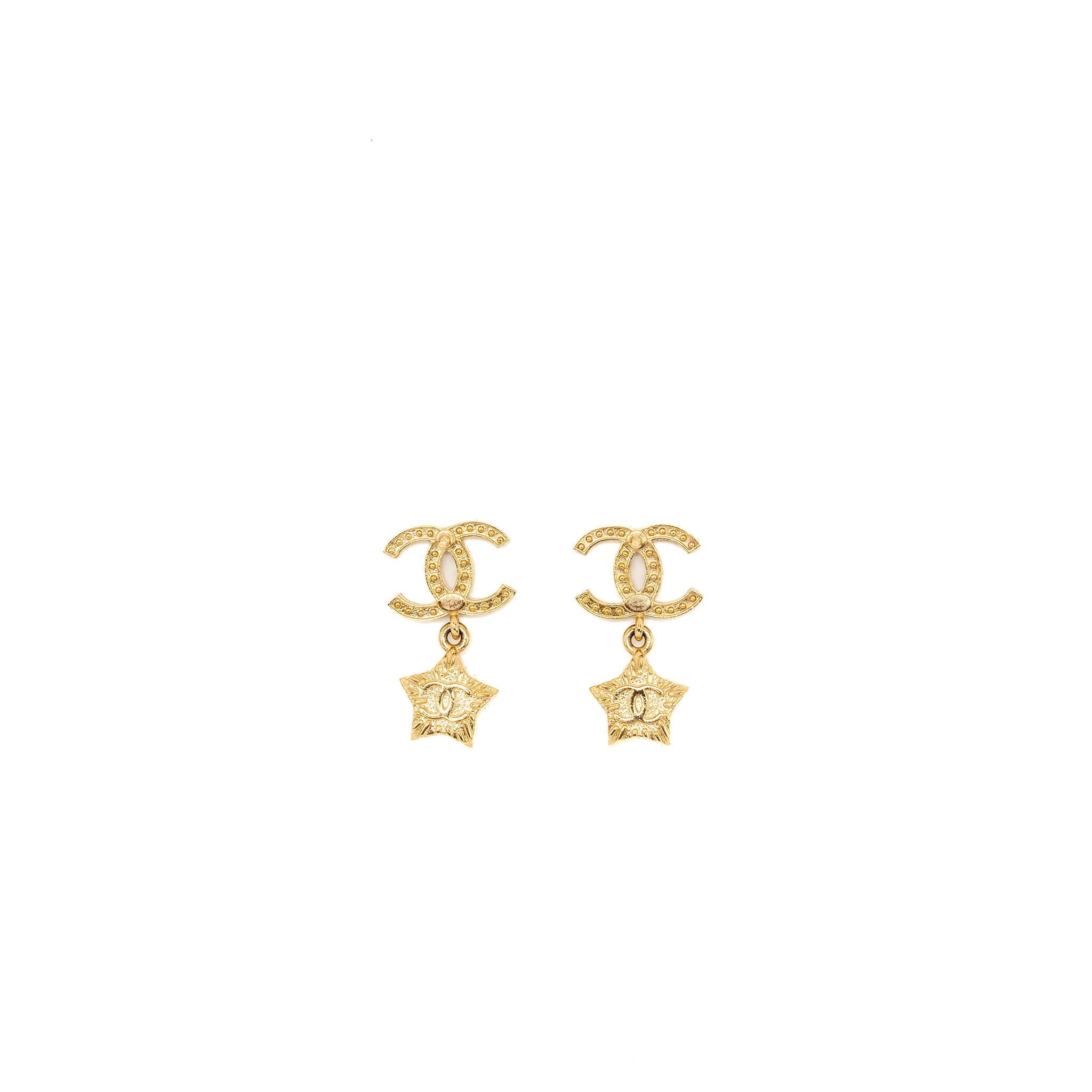 CHANEL CC LOGO STAR DROPPED EARRINGS PEARL/CRYSTAL/GOLD TONE