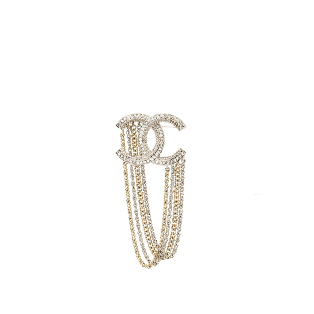 CHANEL CHAINS DROP CC LOGO BROOCH CRYSTAL SILVER/LIGHT GOLD TONE