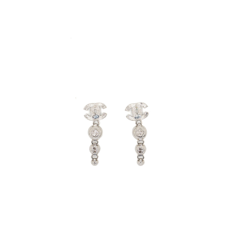 CHANEL CC LOGO CRYSTAL DROP EARRING SILVER TONE