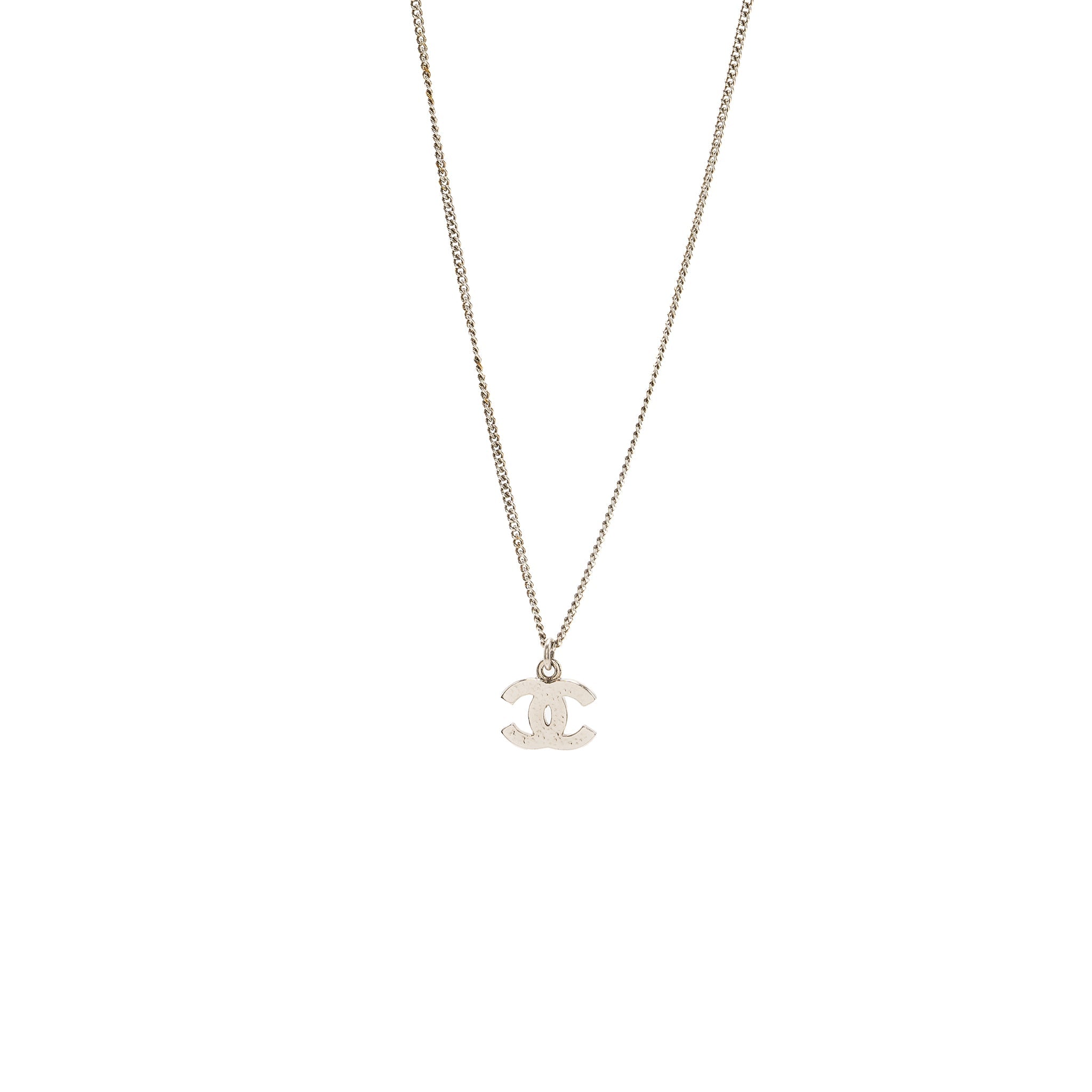 CHANEL SMALL MODEL CC LOGO CRYSTAL NECKLACE SILVER TONE