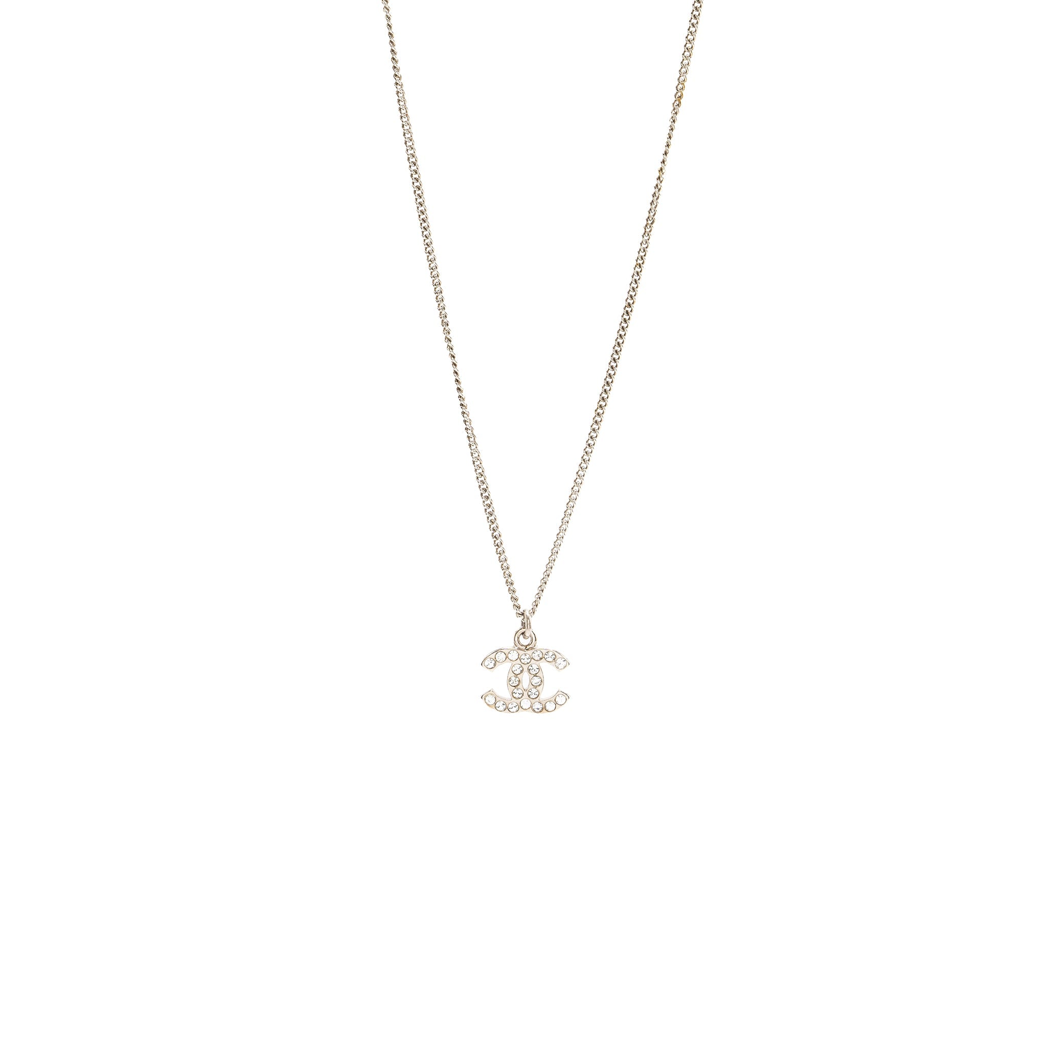 CHANEL SMALL MODEL CC LOGO CRYSTAL NECKLACE SILVER TONE
