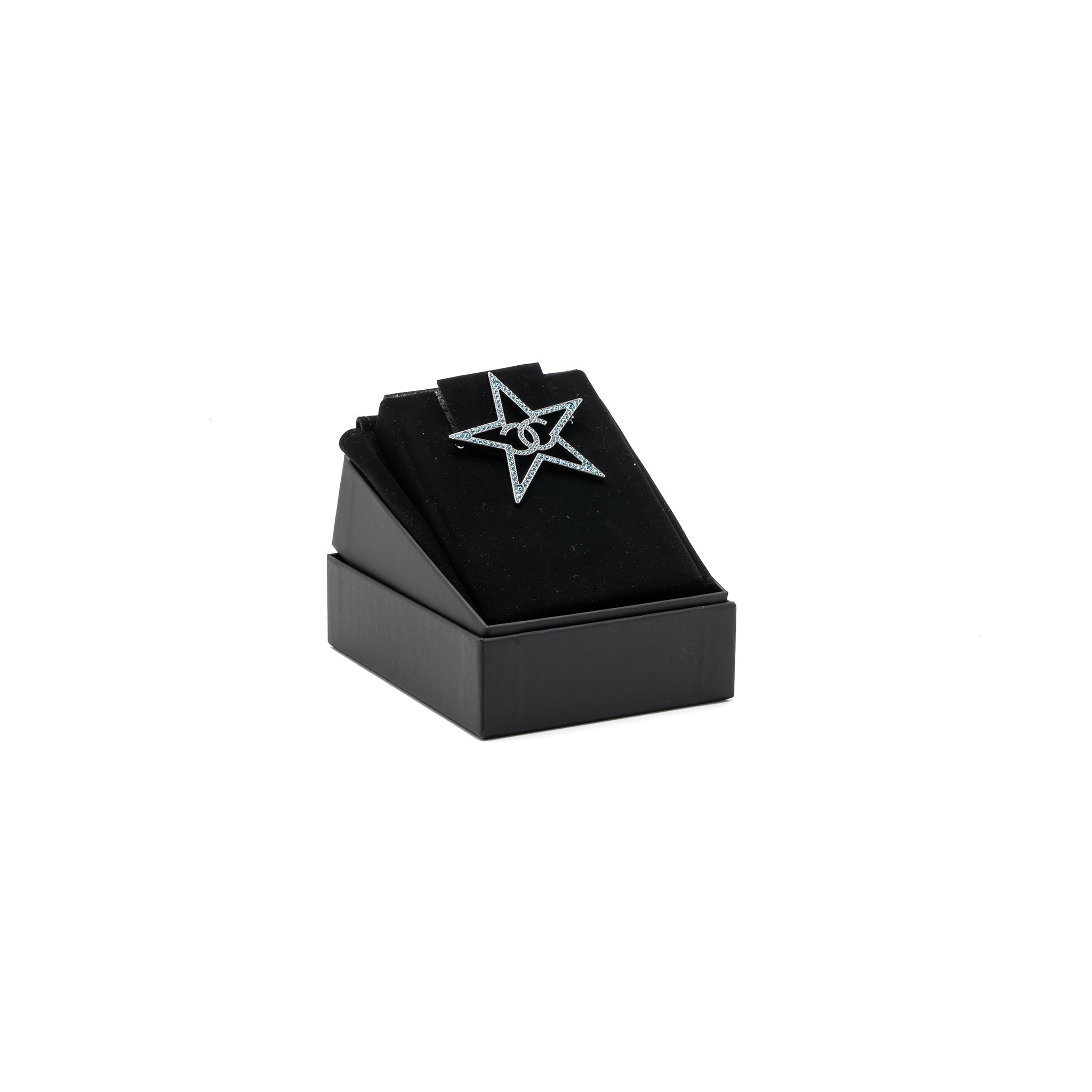 CHANEL STAR CC LOGO BROOCH CRYSTAL LIGHT BLUE WITH RUTHENIUM HARDWARE